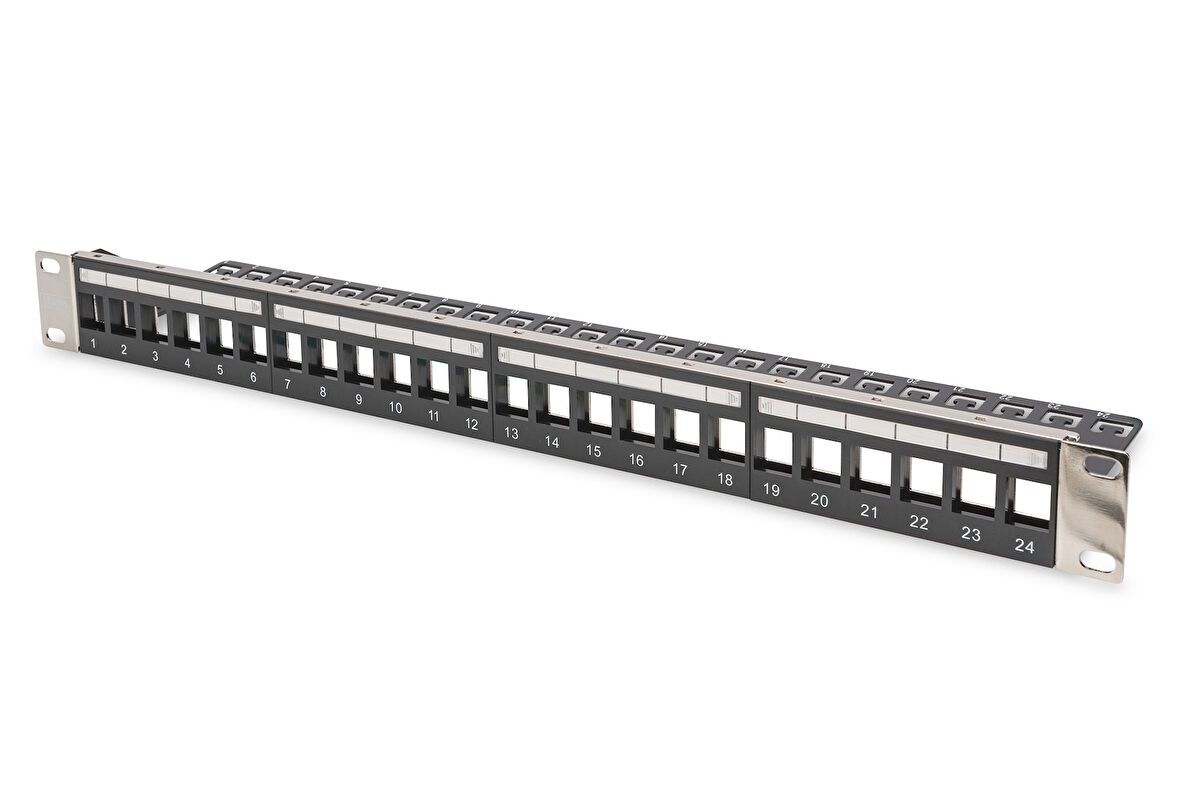 Digitus Modüler Patch Panel, zırhlı, 24-port boş, 1U, kabinete monte edilebilir, şeffaf etiket alanına sahip, siyah renk<br>
Digitus Modular Patch Panel, shielded, 24-port blank, 1U, Rack Mount,