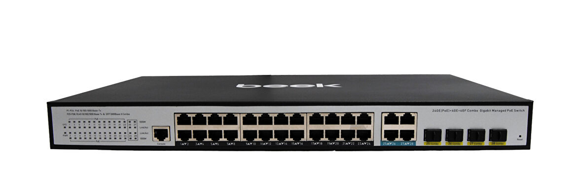 Beek L2 Yönetilebilir Switch&lt;br&gt;
24 x 10/100/1000Mbps IEEE802.3af/at PoE+ port (Port başına 30.8 watt) (PoE Güç Bütçesi maks. 400 Watt)&lt;br&gt;
4 x 10/100/1000BASE-T port (combo)&lt;br&gt;
4 x