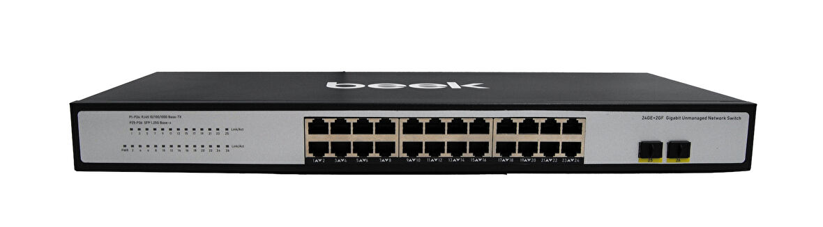 Beek Yönetilemeyen Gigabit Switch&lt;br&gt;
24 x 10/100/1000Mbps port&lt;br&gt;
2 x 1000Base-X SFP yuva&lt;br&gt;
Fansız&lt;br&gt;
Beek 24 Ports Gigabit Ethernet Switch with 2G SFP
