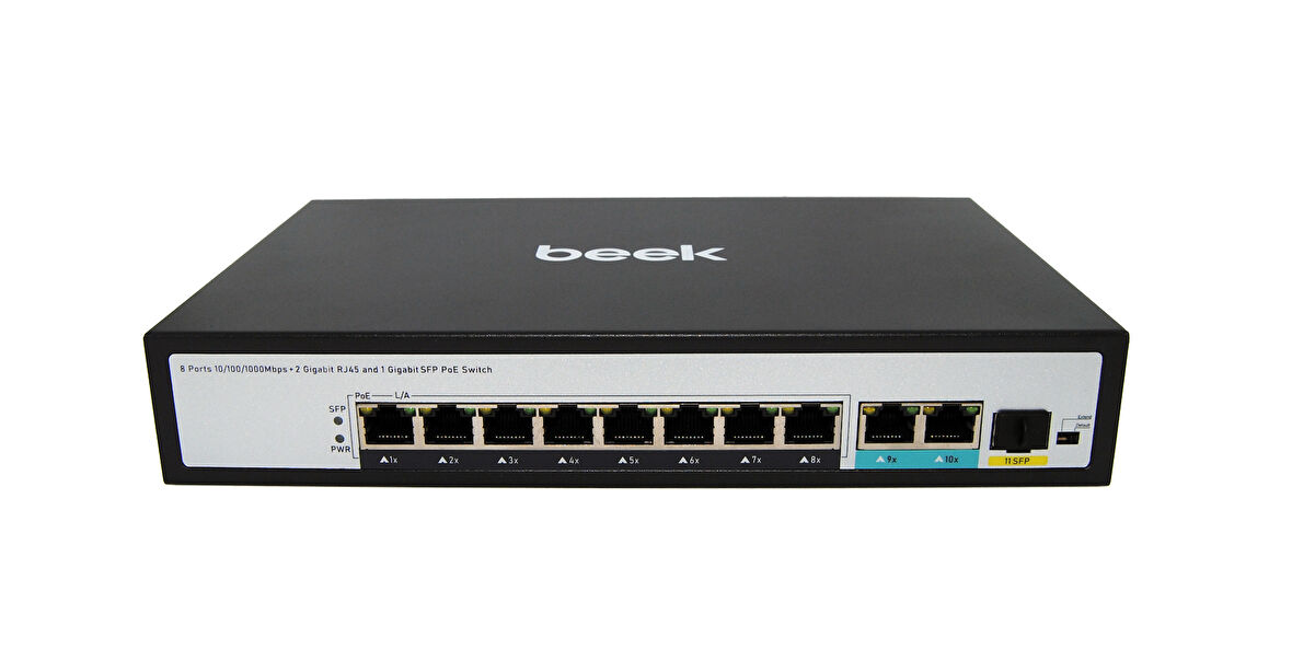 Beek Yönetilemeyen PoE+ Switch8 x 10/100/1000BASE-T IEEE802.3af/at PoE+ port (Port başına 30.8 watt) (PoE Güç Bütçesi maks. 120 Watt)2 x 10/100/1000BASE-T port (combo)