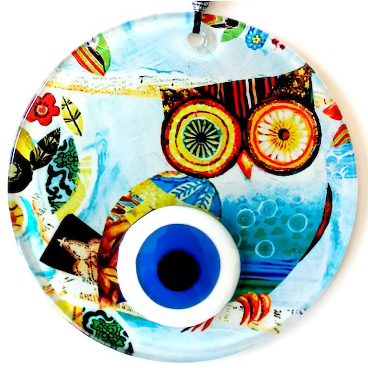 Bilgin Baykuş Nazar Boncuklu 12 Santimetre Füzyon Cam Duvar Süsü