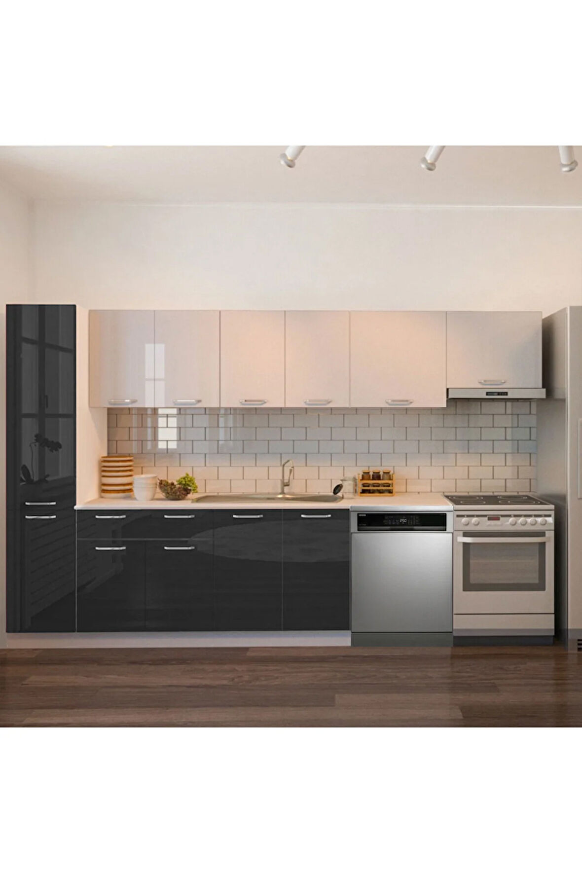 Tiran Hazır Mutfak Dolabı Kiler Dahil -320cm-Beyaz Laminat Tezgah Dahil-Bulaşık Makinesi Yeri Mevcut