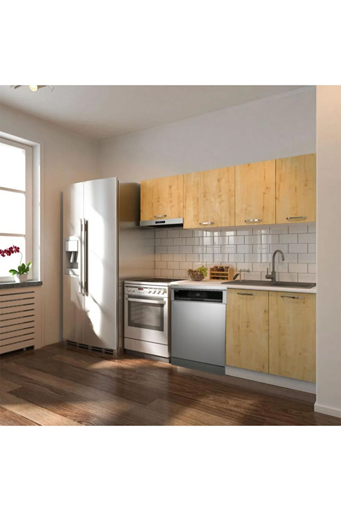 Ulza Hazır Mutfak Dolabı 200 Cm –Beyaz Laminat Tezgah Dahil-Bulaşık Makinesi Yeri Mevcut-Mat