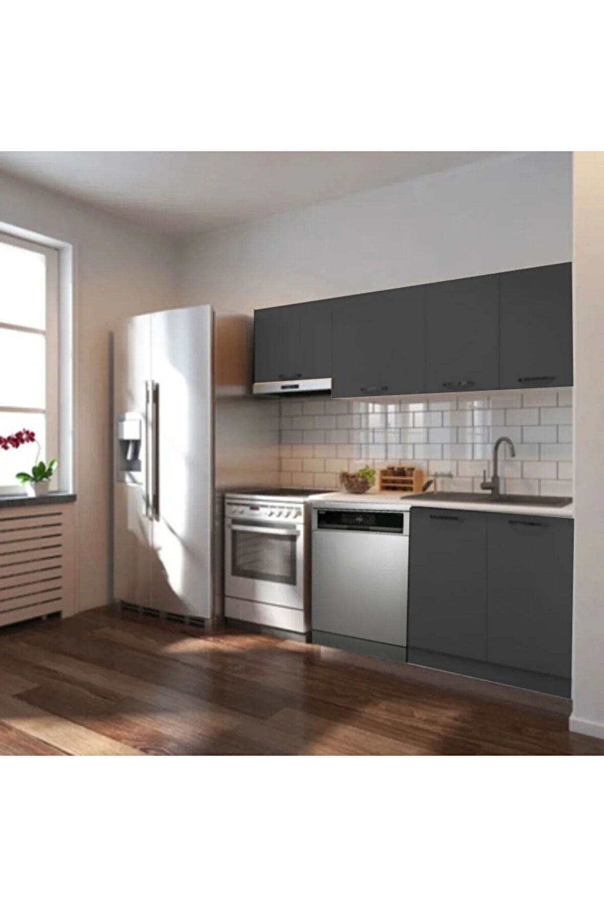 Ulza Hazır Mutfak Dolabı 200 Cm –Beyaz Laminat Tezgah Dahil-Bulaşık Makinesi Yeri Mevcut-Mat