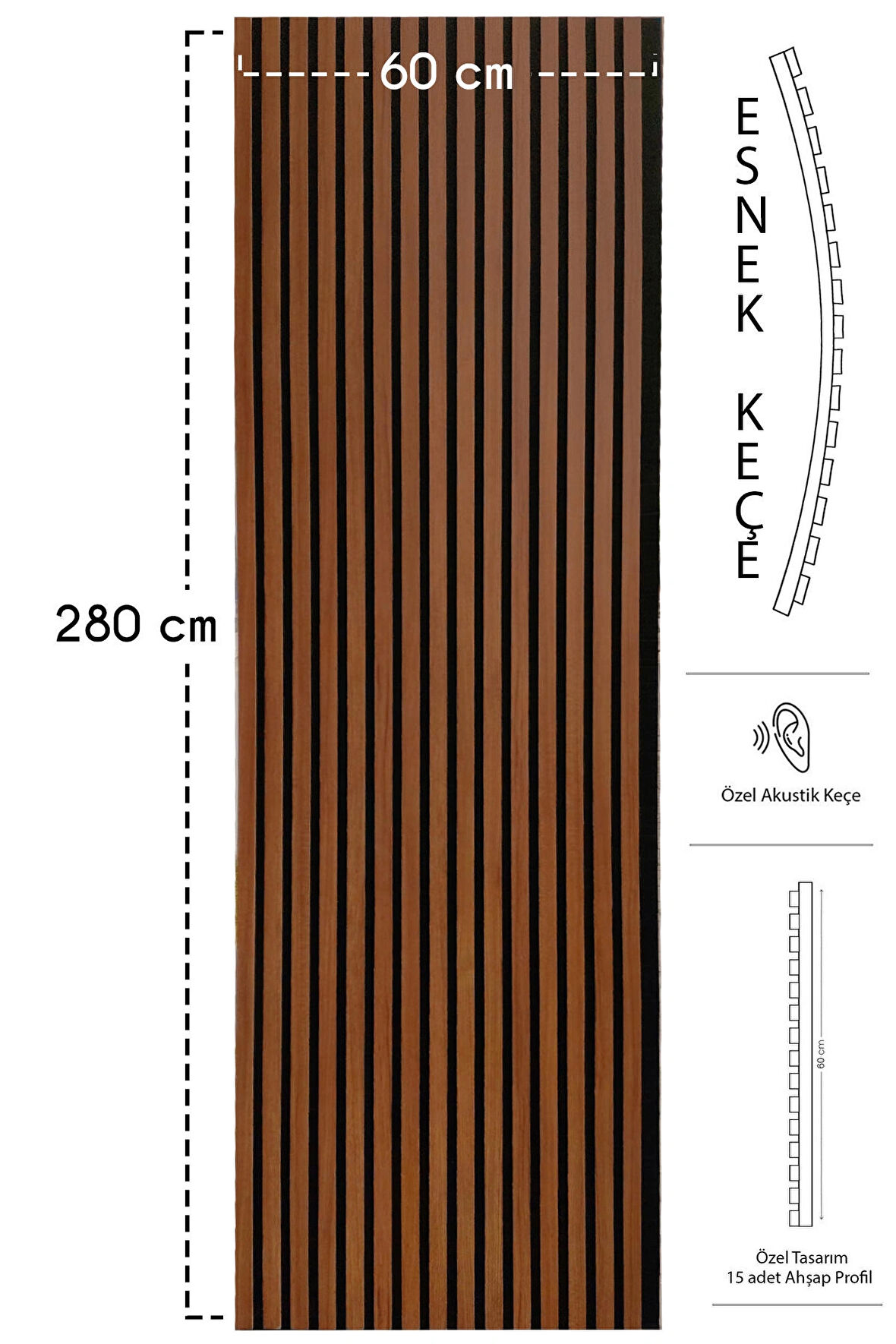 Mdf Ahşap Akustik Duvar Kaplama Paneli 60x280 Cm BTeak