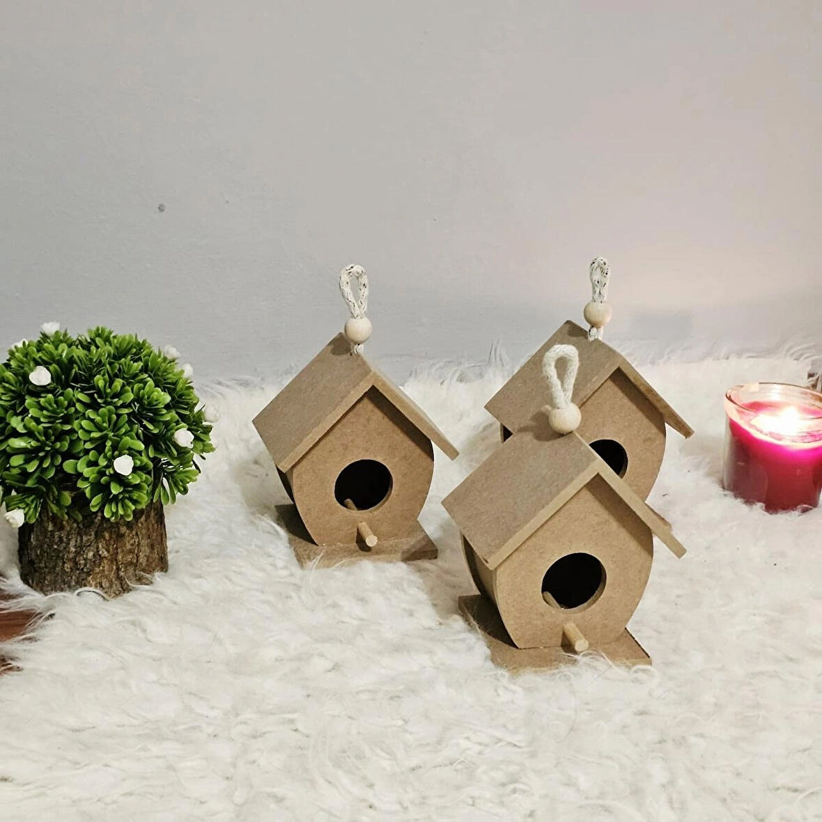 Ahşap Boyanabilir 3 Adet Kuş Yuvası Mdf Ham Dekoratif Kuş Evi