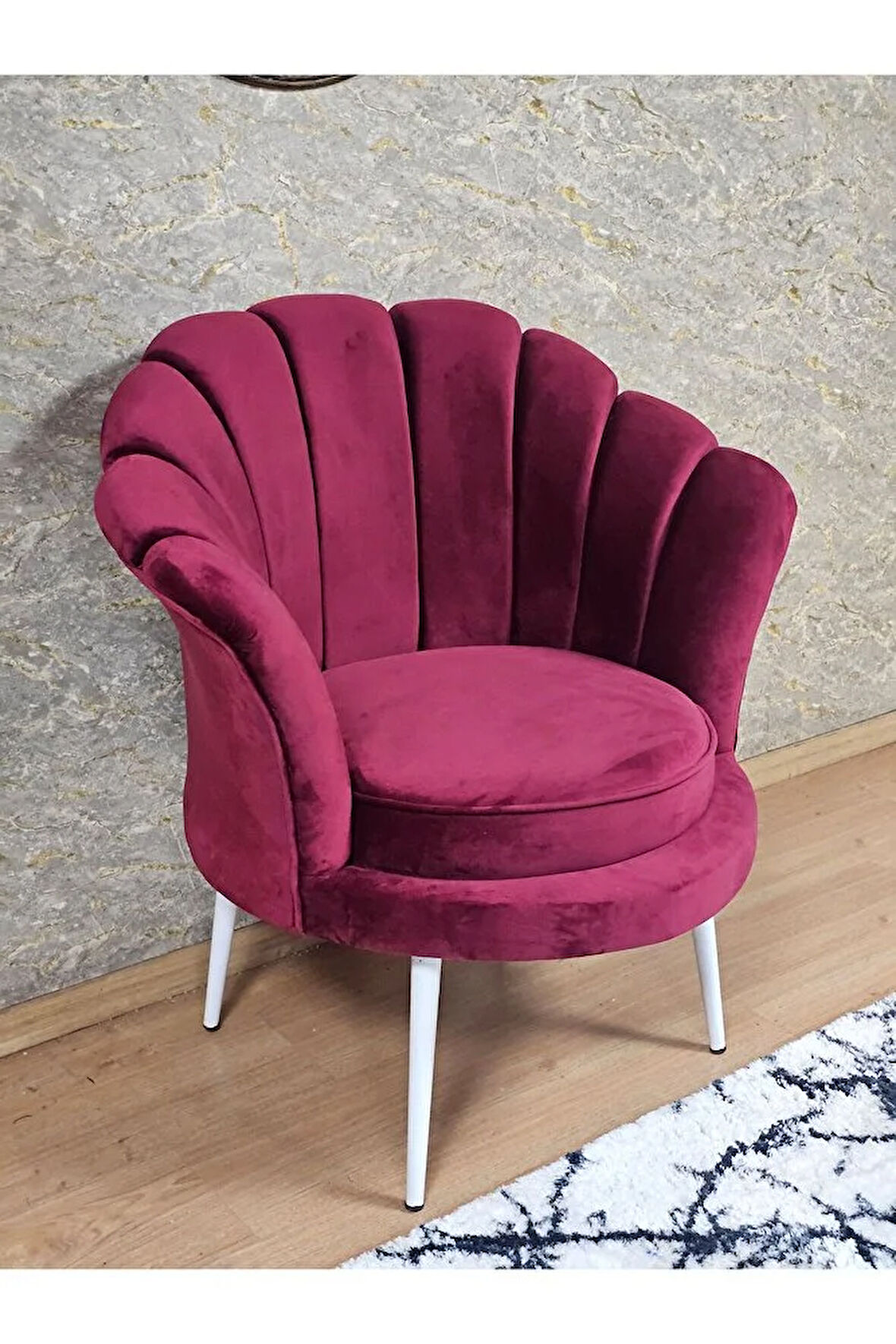 Tekli İstiridye Beyaz Boyalı Sivriltme Ayak Çay Seti Koltuk Tekli Berjer , Balkon, Salon, Ofis Bordo Renk 47 x 47 Boyut/Ebat