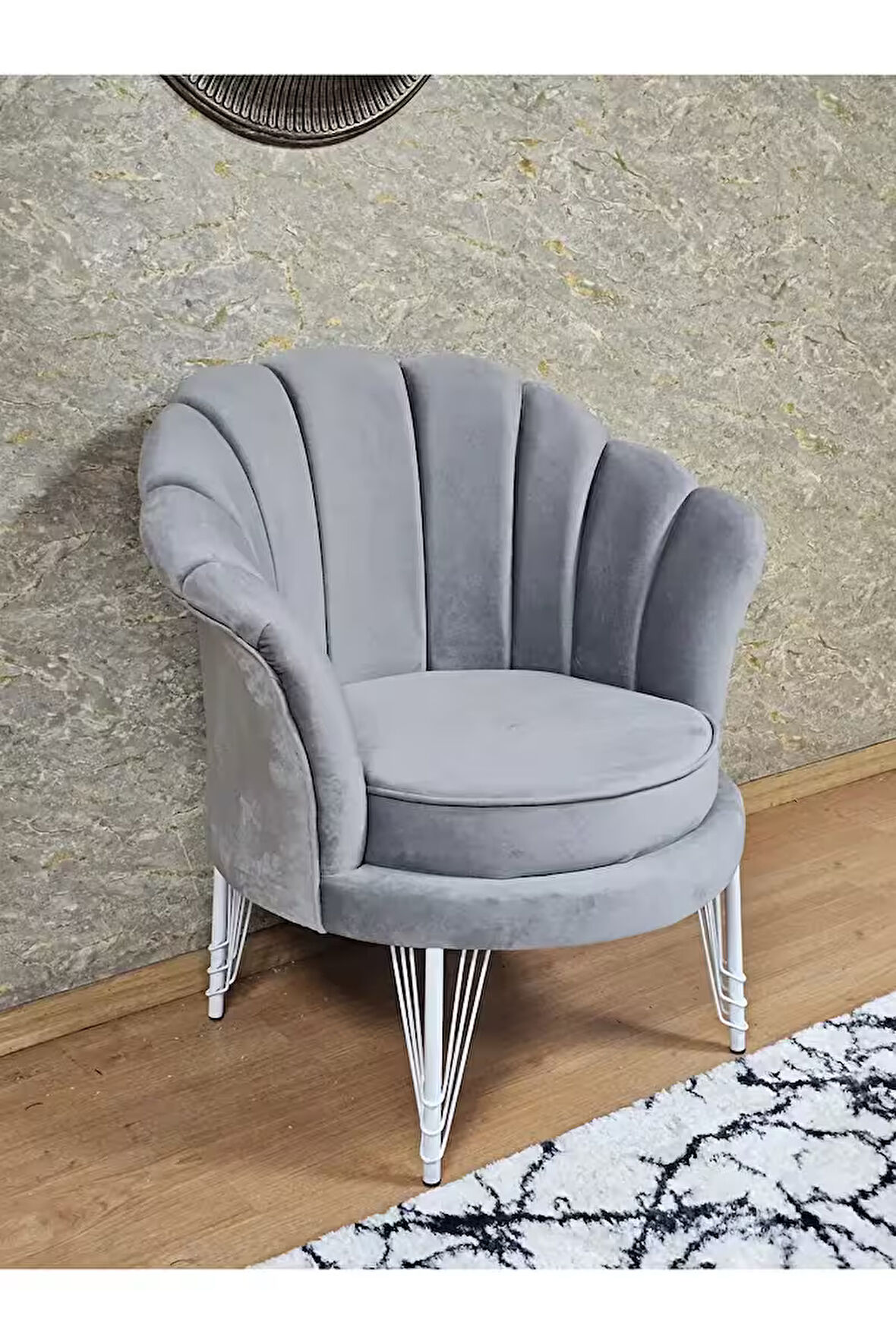 Tekli İstiridye Beyaz Boyalı Telli Ayak Çay Seti Koltuk Tekli Berjer , Balkon, Salon, Ofis Gri Renk 47 x 47 Boyut/Ebat