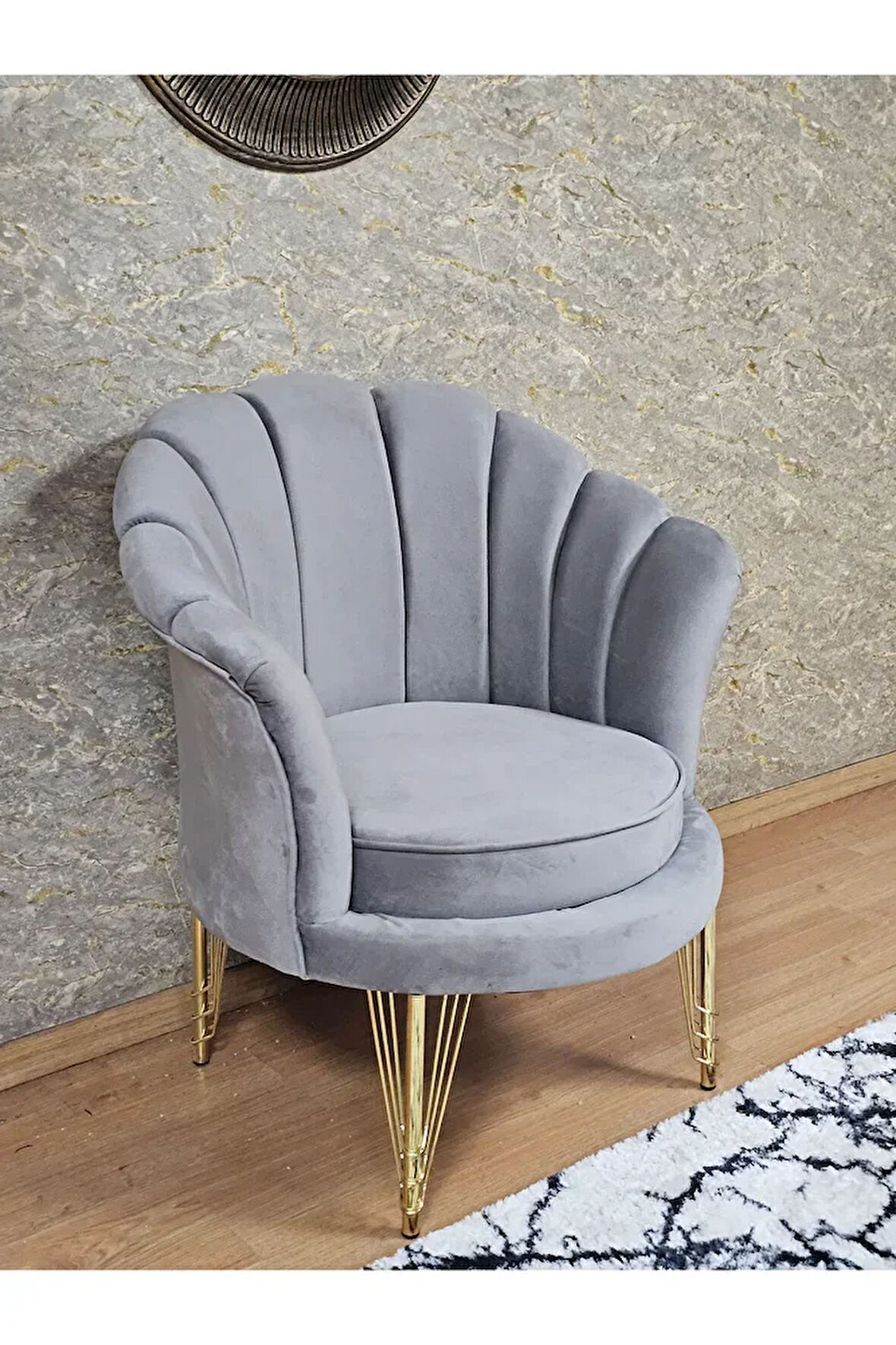 Tekli İstiridye Gold Kaplama Telli Ayak Çay Seti Koltuk Tekli Berjer , Balkon, Salon, Ofis Gri Renk 47 x 47 Boyut/Ebat