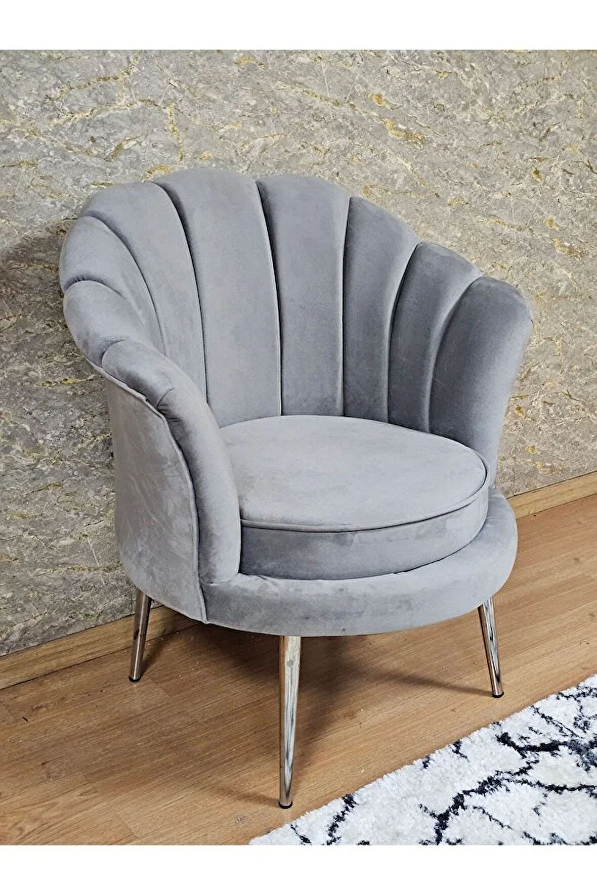 Tekli İstiridye Krom Kaplama Sivriltme Ayak Çay Seti Koltuk Tekli Berjer , Balkon, Salon, Ofis Gri Renk 47 x 47 Boyut/Ebat