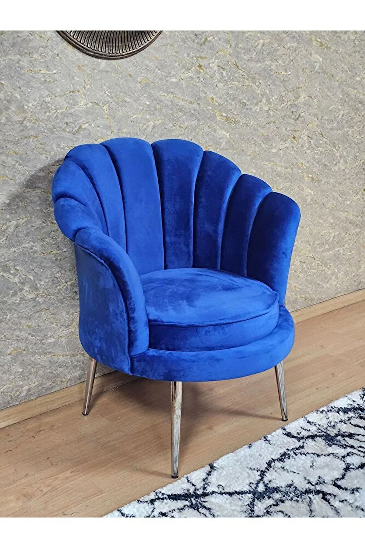 Tekli İstiridye Krom Kaplama Sivriltme Ayak Çay Seti Koltuk Tekli Berjer , Balkon, Salon, Ofis Mavi Renk 47 x 47 Boyut/Ebat