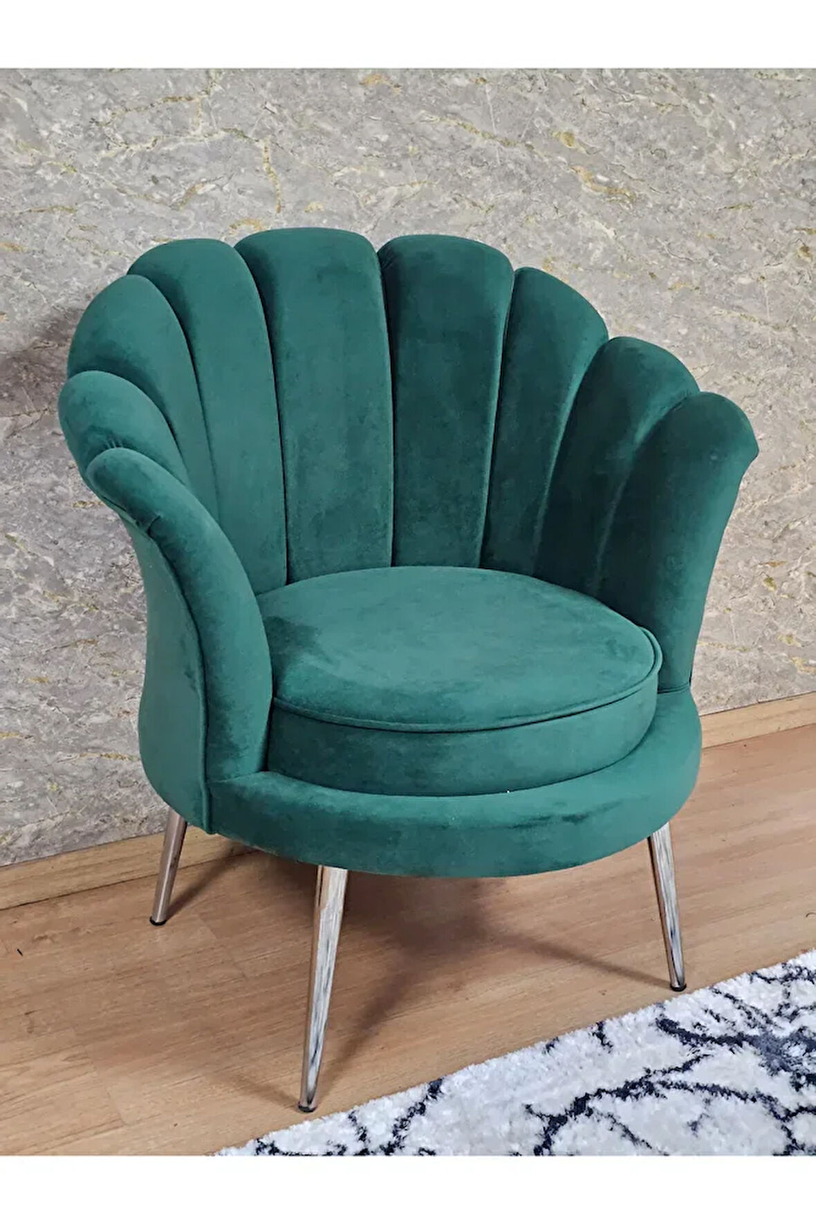 Tekli İstiridye Krom Kaplama Sivriltme Ayak Çay Seti Koltuk Tekli Berjer , Balkon, Salon, Ofis Yeşil Renk 47 x 47 Boyut/Ebat