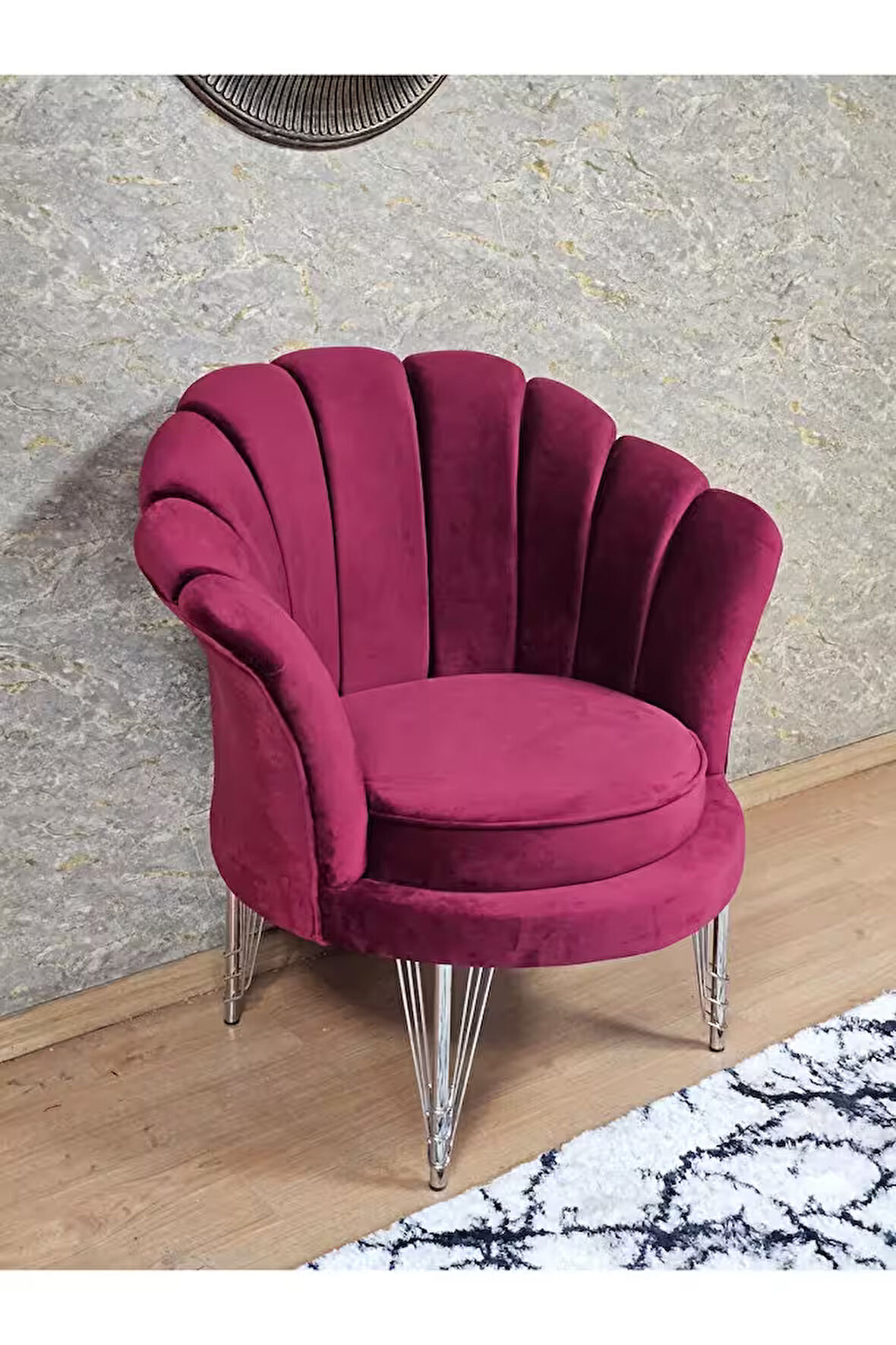 Tekli İstiridye Krom Kaplama Telli Ayak Çay Seti Koltuk Tekli Berjer , Balkon, Salon, Ofis Bordo Renk 47 x 47 Boyut/Ebat