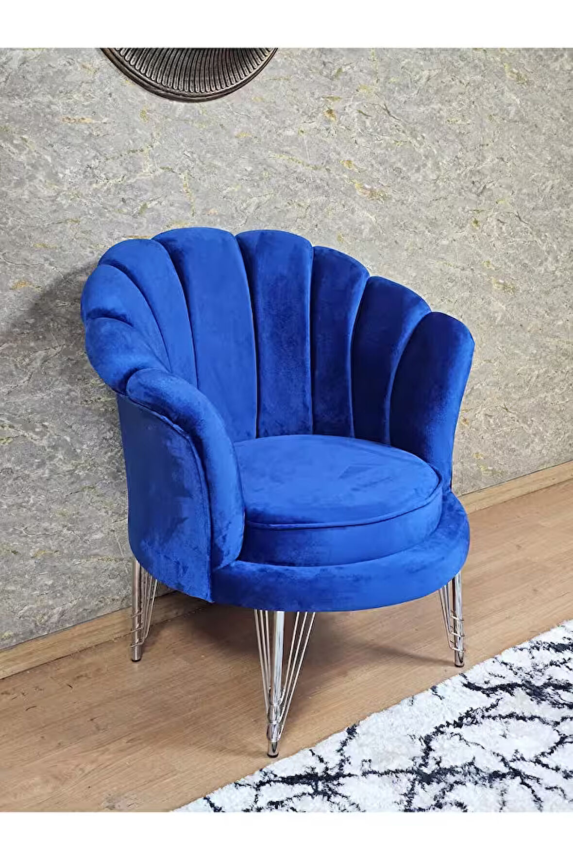 Tekli İstiridye Krom Kaplama Telli Ayak Çay Seti Koltuk Tekli Berjer , Balkon, Salon, Ofis Mavi Renk 47 x 47 Boyut/Ebat