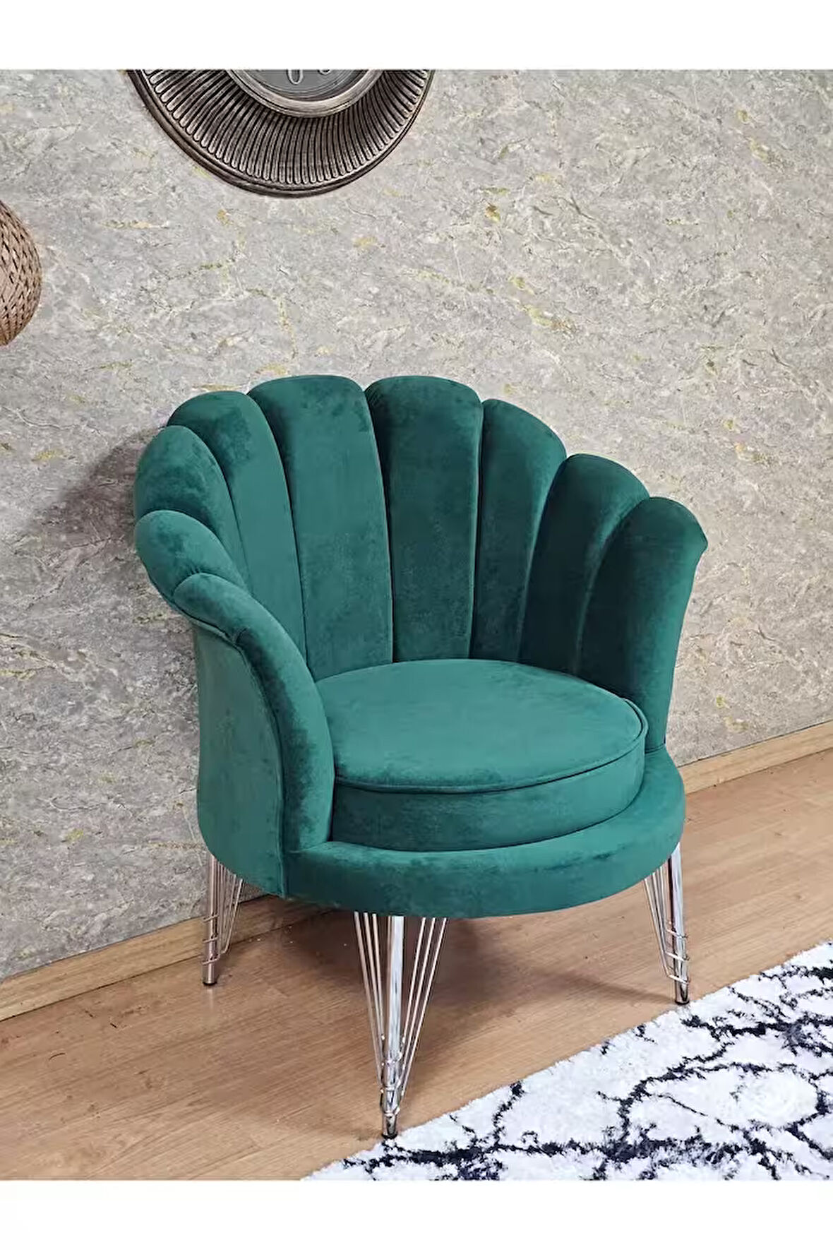 Tekli İstiridye Krom Kaplama Telli Ayak Çay Seti Koltuk Tekli Berjer , Balkon, Salon, Ofis Yeşil Renk 47 x 47 Boyut/Ebat