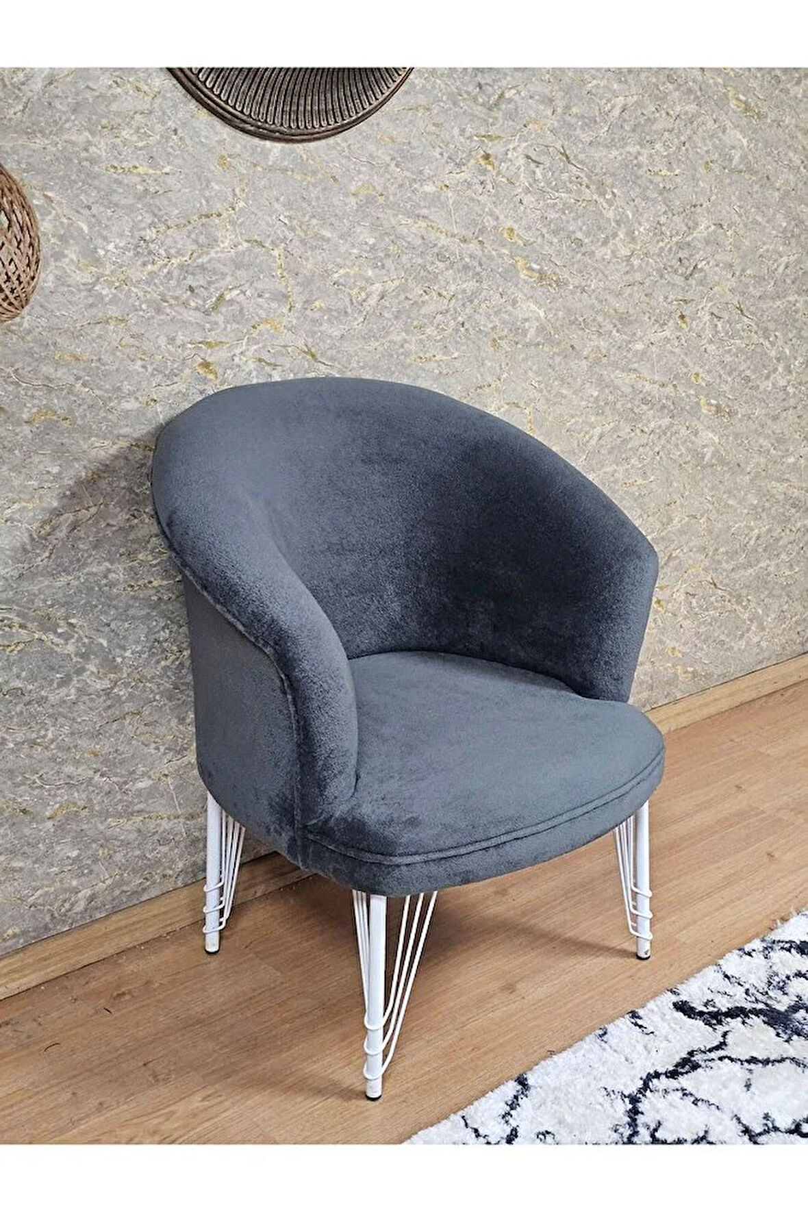 Tekli TEDDY Beyaz Boyalı Telli Ayak Çay Seti Koltuk Tekli Berjer , Balkon, Salon, Ofis Füme Renk 40,5 Boyut/Ebat