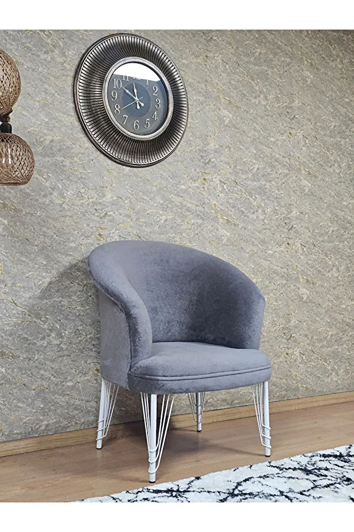 Tekli TEDDY Beyaz Boyalı Telli Ayak Çay Seti Koltuk Tekli Berjer , Balkon, Salon, Ofis Gri Renk 40,5 Boyut/Ebat