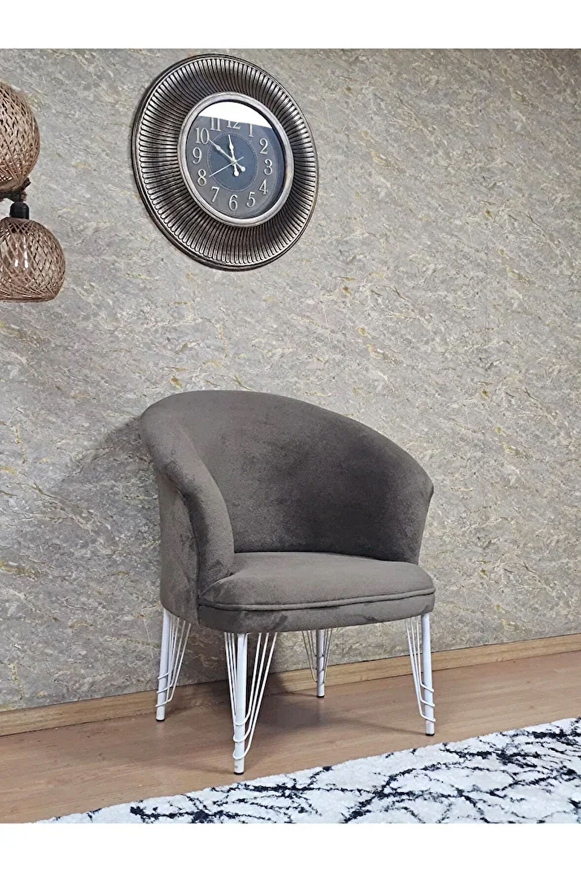 Tekli TEDDY Beyaz Boyalı Telli Ayak Çay Seti Koltuk Tekli Berjer , Balkon, Salon, Ofis Kahverengi Renk 40,5 Boyut/Ebat