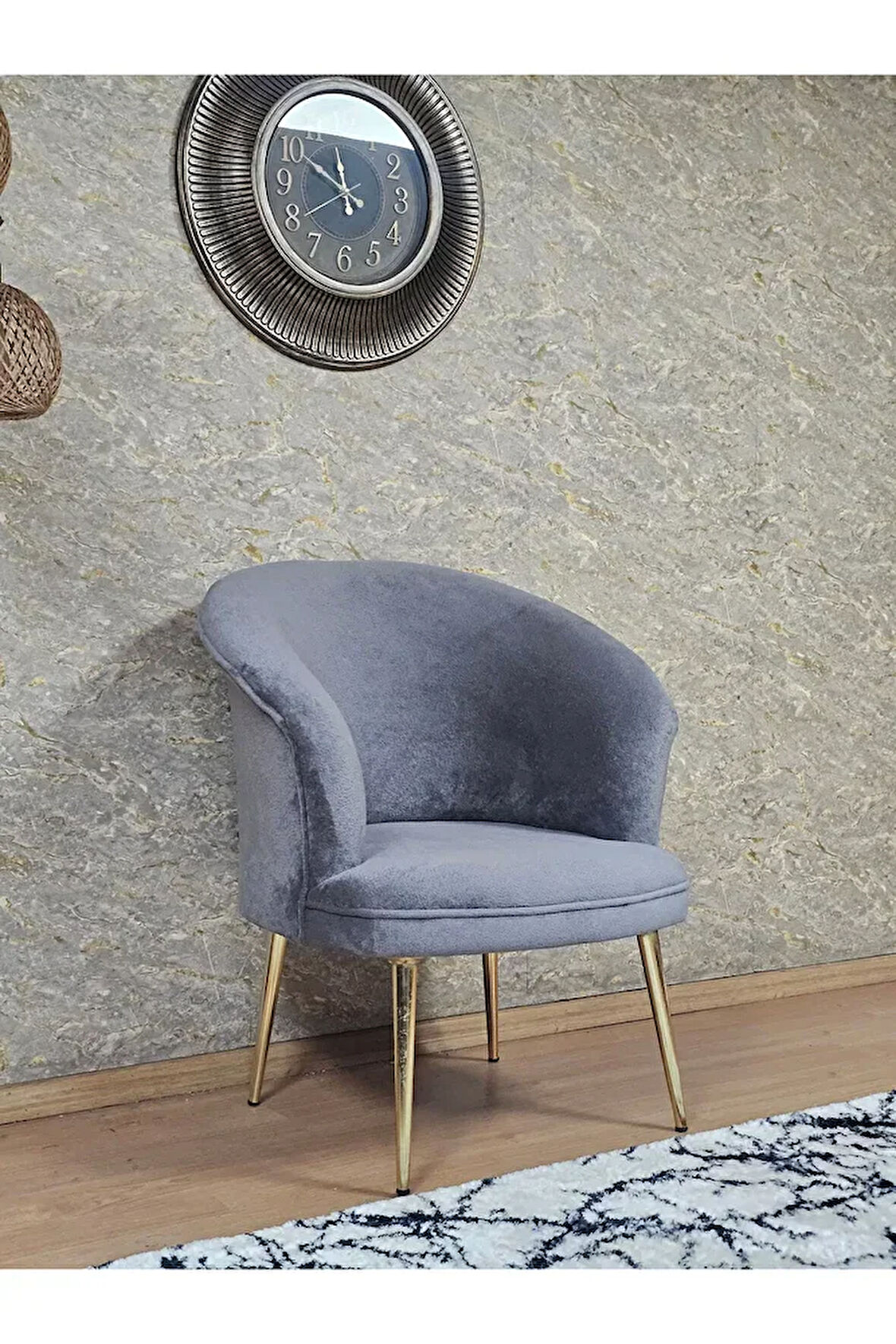 Tekli TEDDY Gold Kaplama Sivriltme Ayak Çay Seti Koltuk Tekli Berjer , Balkon, Salon, Ofis Gri Renk 40,5 Boyut/Ebat