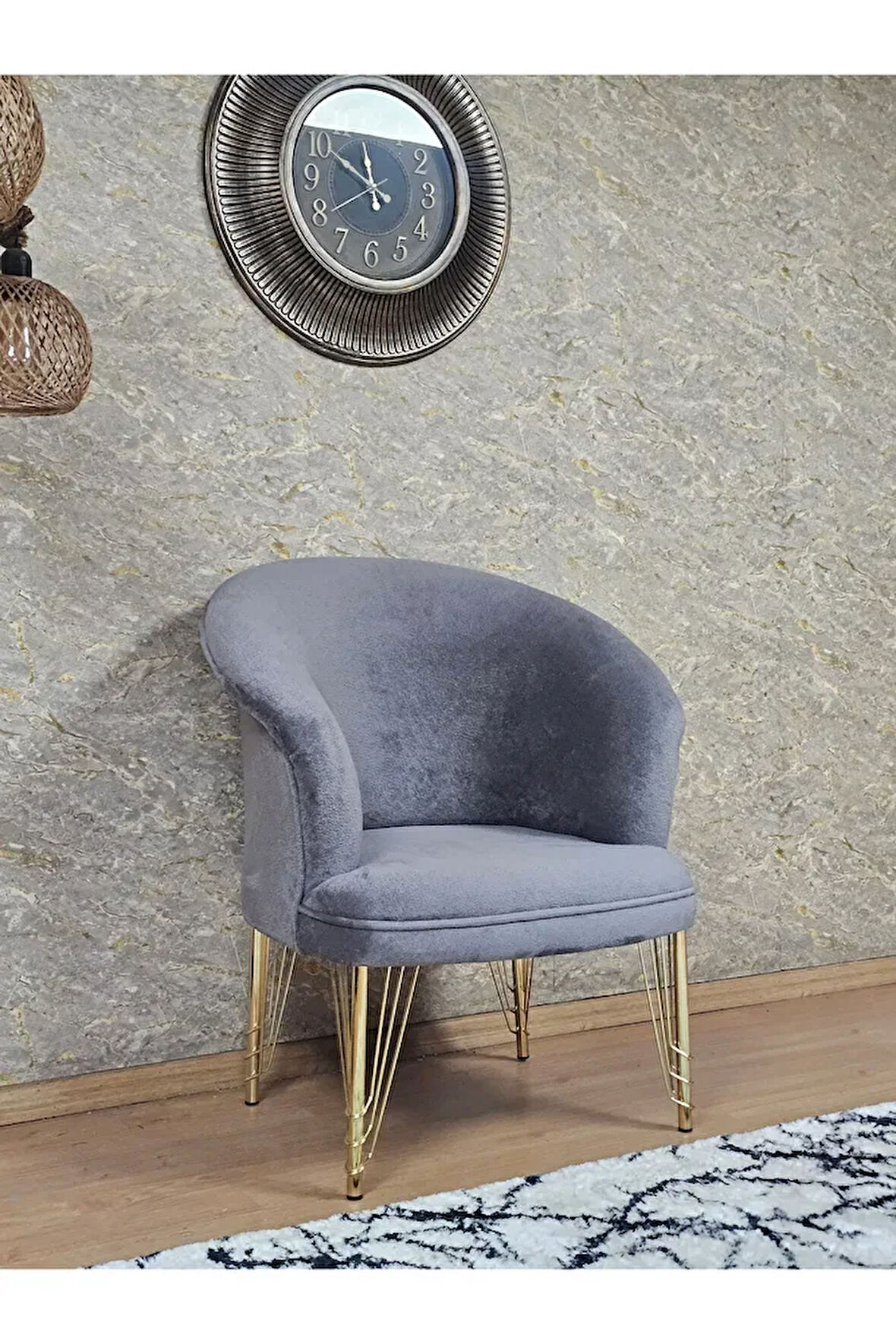 Tekli TEDDY Gold Kaplama Telli Ayak Çay Seti Koltuk Tekli Berjer , Balkon, Salon, Ofis Gri Renk 40,5 Boyut/Ebat