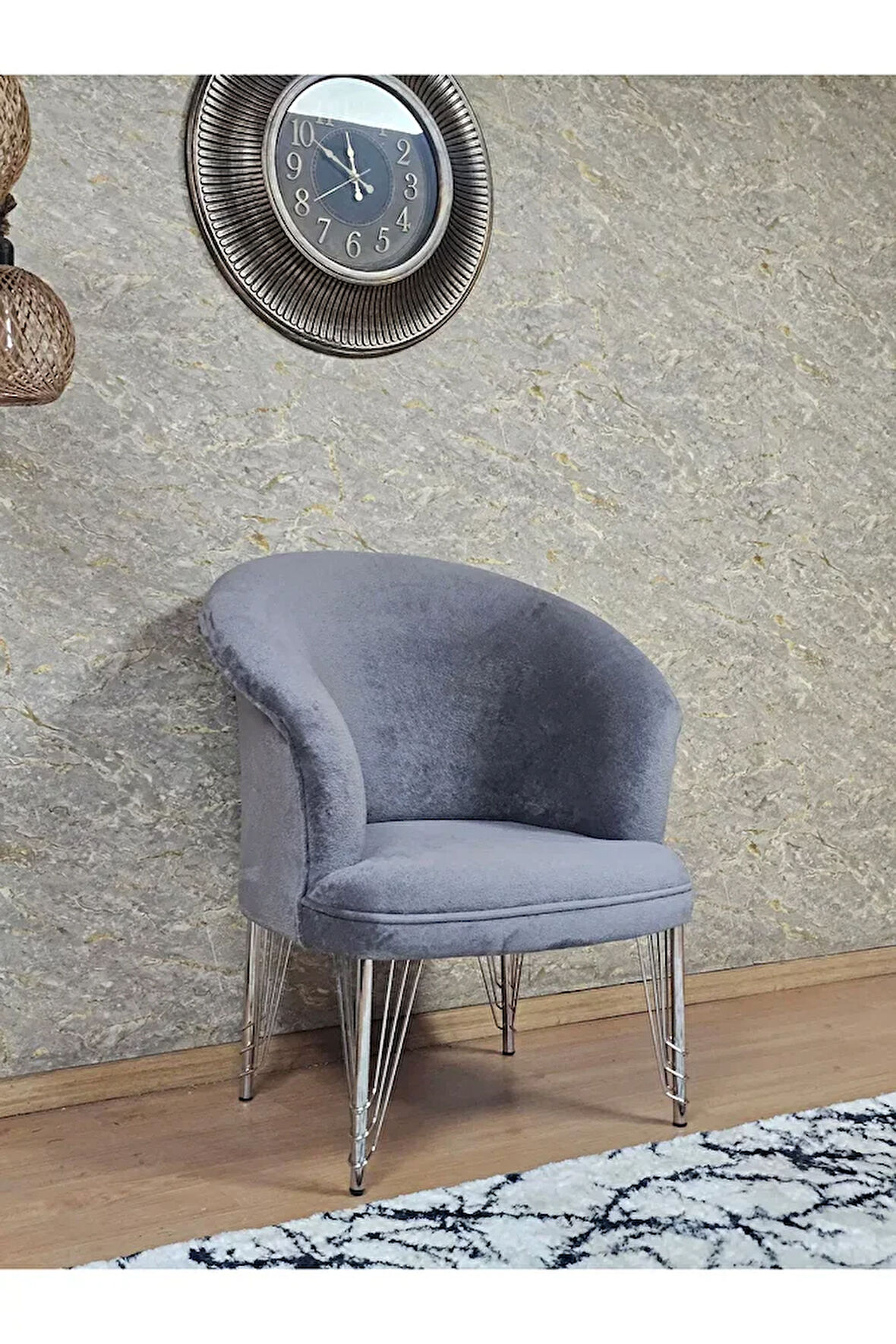 Tekli TEDDY Krom Kaplama Telli Ayak Çay Seti Koltuk Tekli Berjer , Balkon, Salon, Ofis Gri Renk 40,5 Boyut/Ebat