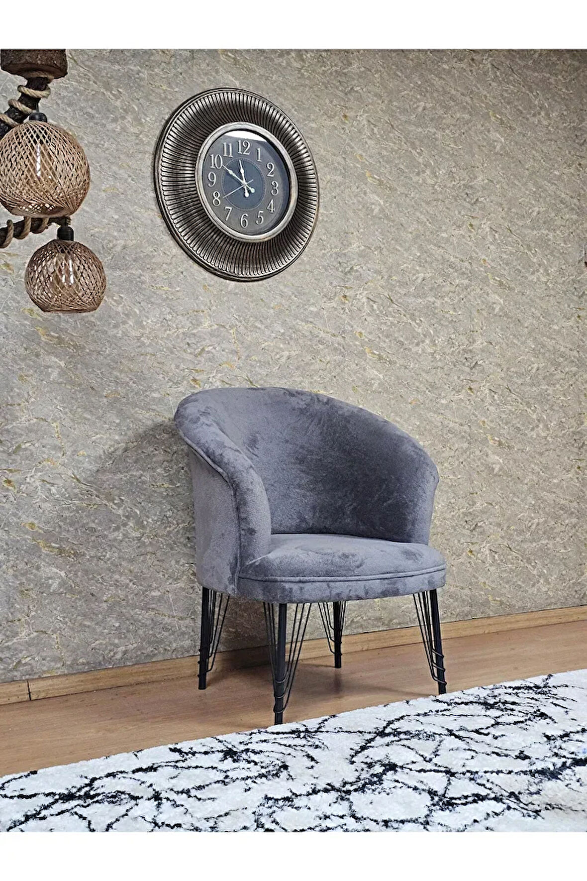 Tekli TEDDY Siyah Boyalı Telli Ayak Çay Seti Koltuk Tekli Berjer , Balkon, Salon, Ofis Gri Renk 40,5 Boyut/Ebat