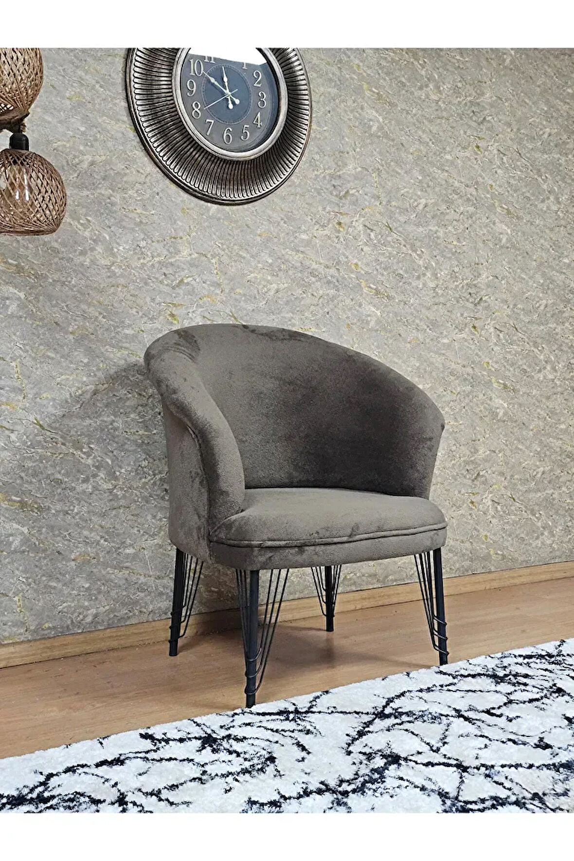 Tekli TEDDY Siyah Boyalı Telli Ayak Çay Seti Koltuk Tekli Berjer , Balkon, Salon, Ofis Kahverengi Renk 40,5 Boyut/Ebat