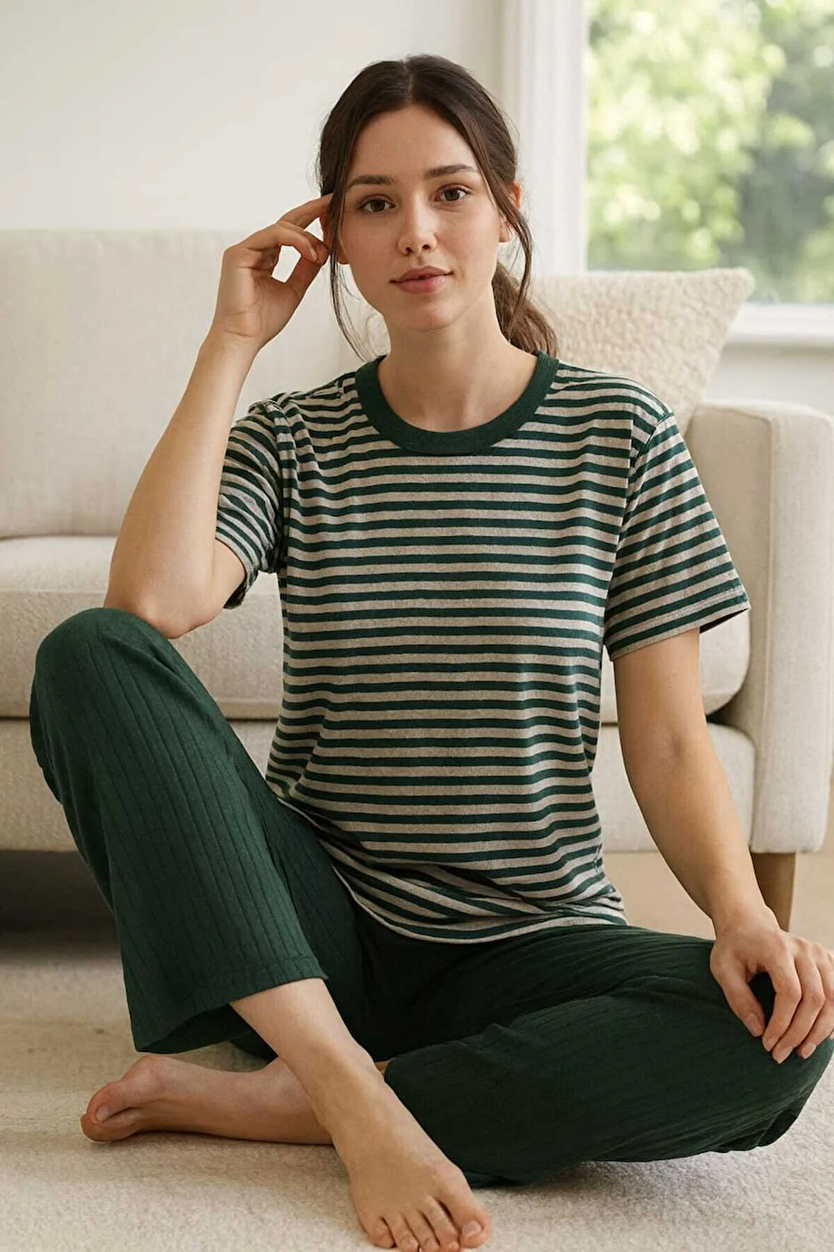 Kadın Pijama Takımı Kısa Kollu %100 Pamuk Yeşil Çizgili