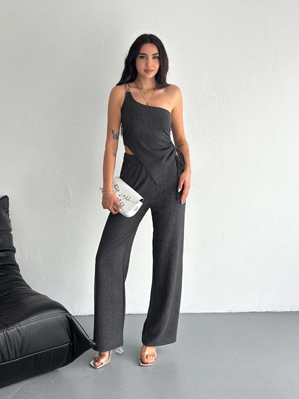 Teusta Asimetrik Crop Pantalon Ikili Takım - Füme
