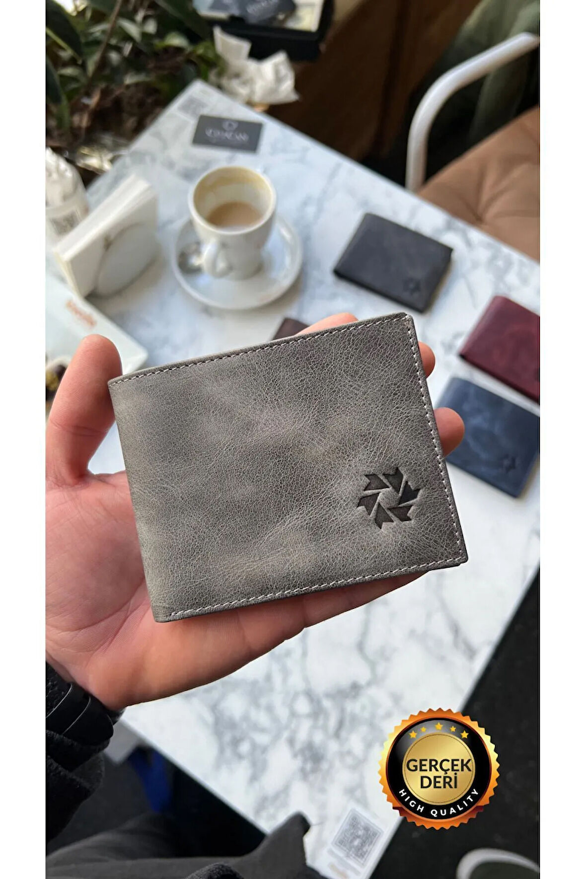 Texas Vintage Gri Hakiki Deri Kişiye Özel Isim Baskılı Erkek Cüzdanı(KULLANIŞLI MODEL)