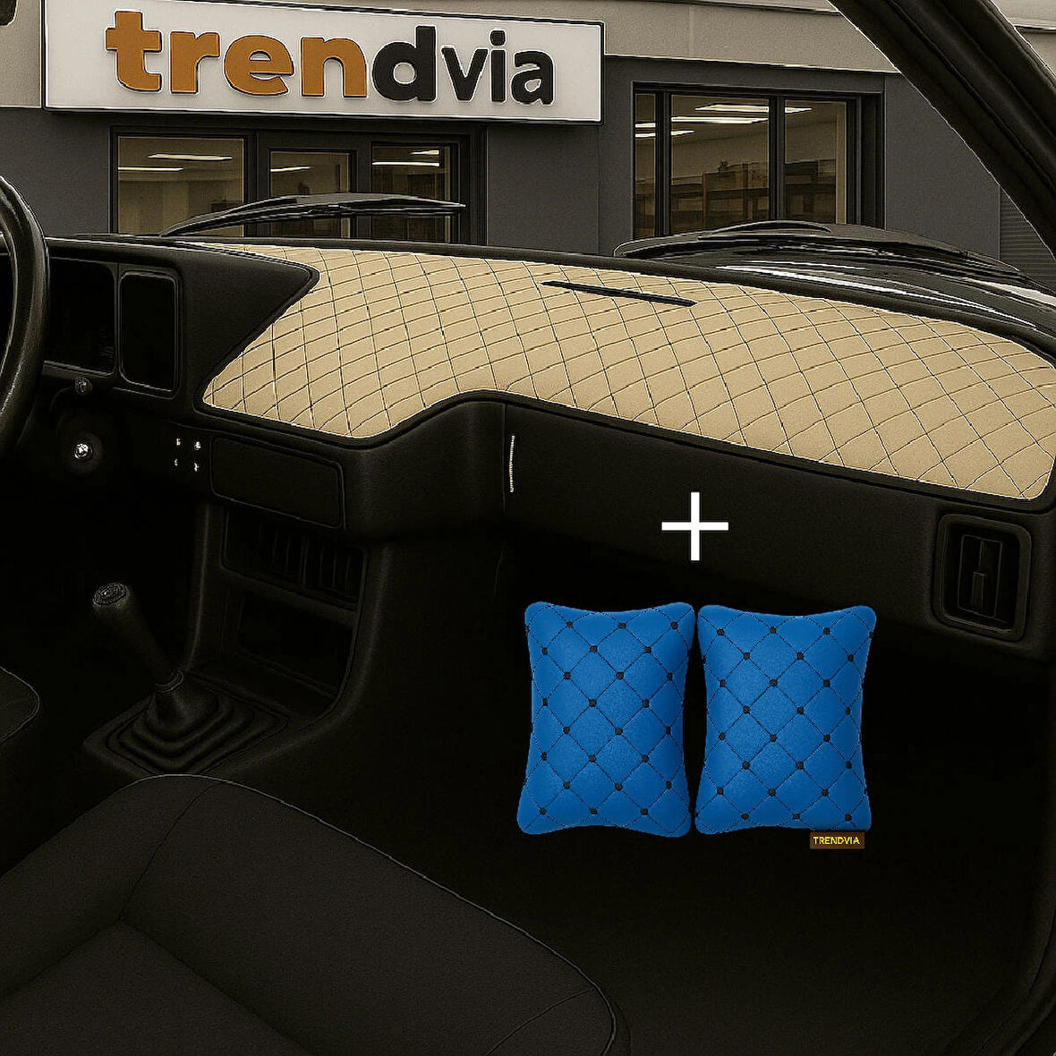 Bej Renk Tofaş Şahin Doğan Kartal Alçak Ön Göğüs Torpido Kaplama Koruma Örtüsü - Mavi Renk Kapitone Araç Oto Yastık Aksesuar