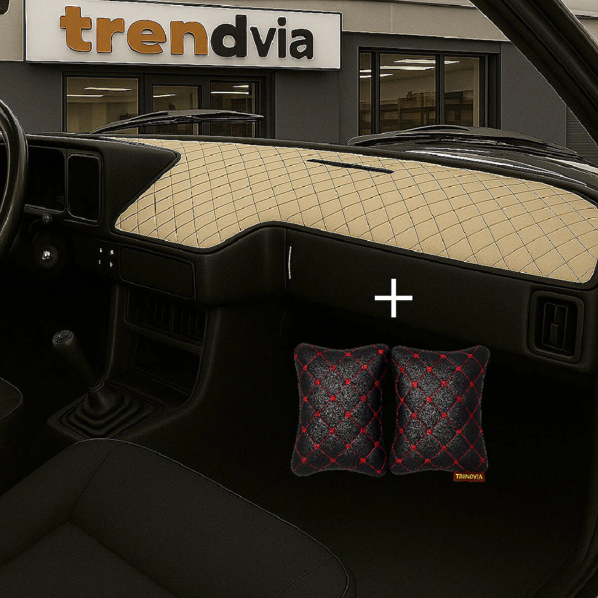 Bej Renk Tofaş Şahin Doğan Kartal Alçak Ön Göğüs Torpido Kaplama Koruma Örtüsü - Siyah Kırmızı Renk Kapitone Araç Oto Yastık Aksesuar