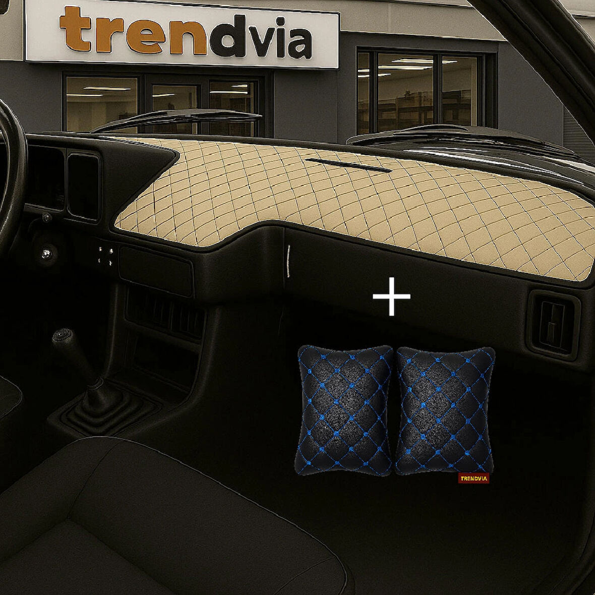 Bej Renk Tofaş Şahin Doğan Kartal Alçak Ön Göğüs Torpido Kaplama Koruma Örtüsü - Siyah Mavi Renk Kapitone Araç Oto Yastık Aksesuar