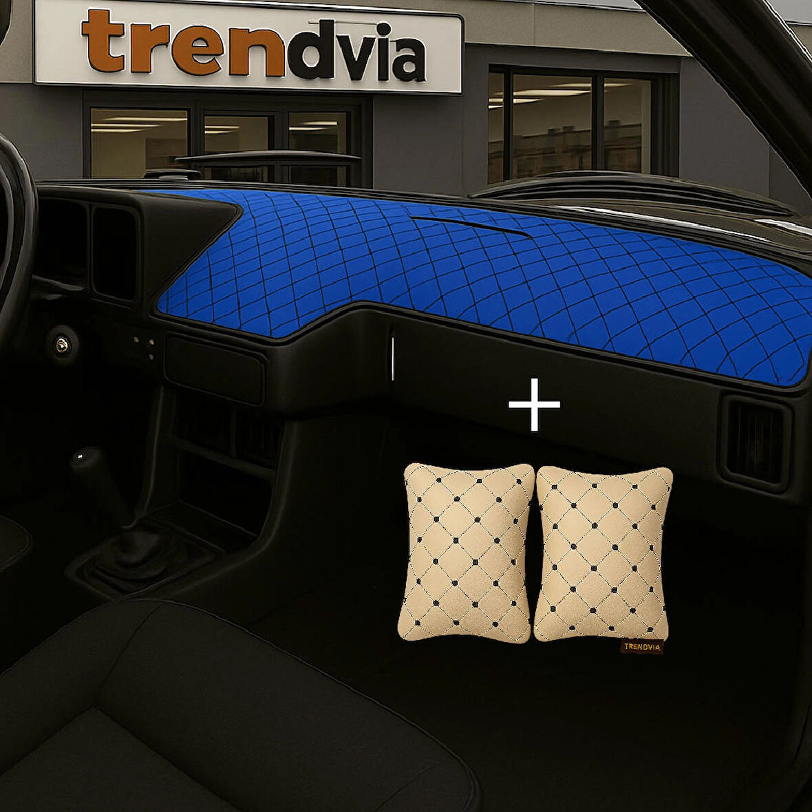 Mavi Renk Tofaş Şahin Doğan Kartal Alçak Ön Göğüs Torpido Kaplama Koruma Örtüsü -Bej Renk Kapitone Araç Oto Yastık Aksesuar