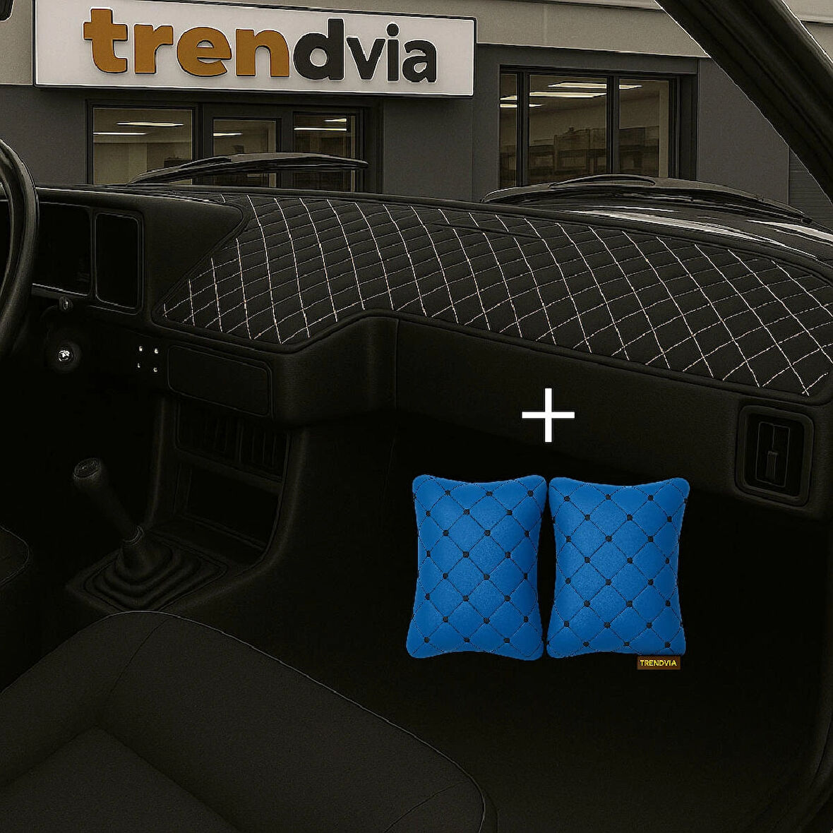 Siyah Bej Renk Tofaş Şahin Doğan Kartal Alçak Ön Göğüs Torpido Kaplama Koruma Örtüsü -Mavi Renk  Kapitone Araç Oto Yastık Aksesuar