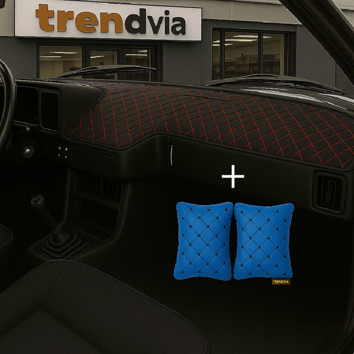 Siyah Kırmızı  Renk Tofaş Şahin Doğan Kartal Alçak Ön Göğüs Torpido Kaplama Koruma Örtüsü -Mavi Renk Kapitone Araç Oto Yastık Aksesuar