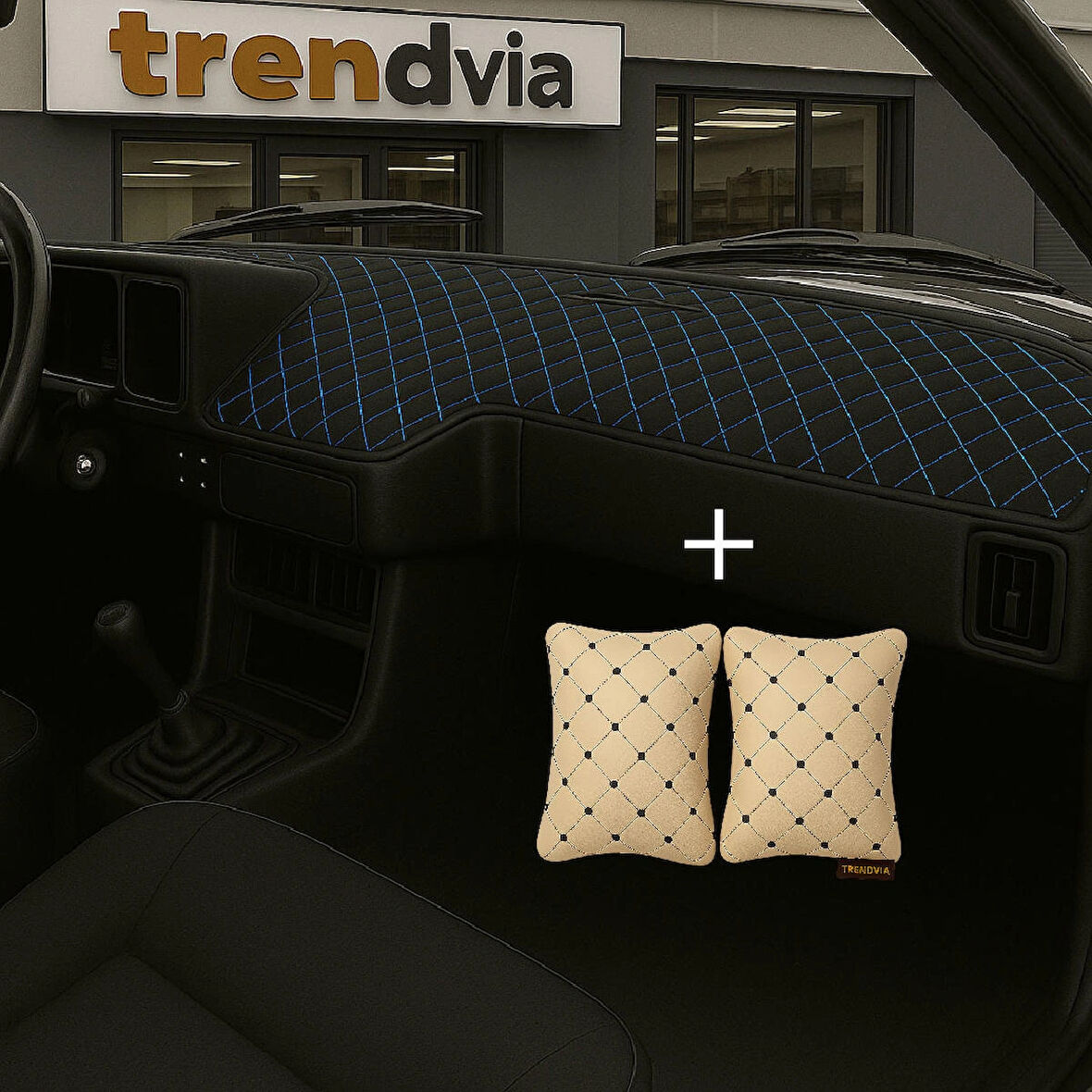 Siyah Mavi Renk Tofaş Şahin Doğan Kartal Alçak Ön Göğüs Torpido Kaplama Koruma Örtüsü -Bej Renk Kapitone Araç Oto Yastık Aksesuar