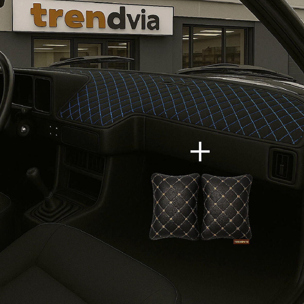 Siyah Mavi Renk Tofaş Şahin Doğan Kartal Alçak Ön Göğüs Torpido Kaplama Koruma Örtüsü -Siyah Bej Renk Kapitone Araç Oto Yastık Aksesuar