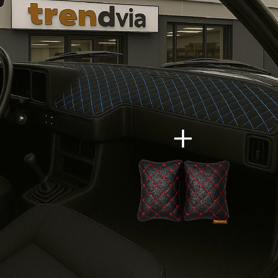 Siyah Mavi Renk Tofaş Şahin Doğan Kartal Alçak Ön Göğüs Torpido Kaplama Koruma Örtüsü - Siyah Kırmızı Renk Kapitone Araç Oto Yastık Aksesuar