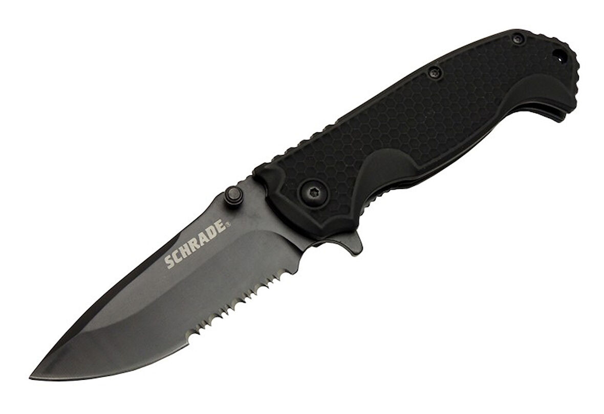 Schrade 5-1 Siyah Kamp Çakı 20cm- Yarı Otomatik, Testere Detaylı, Kemerlikli