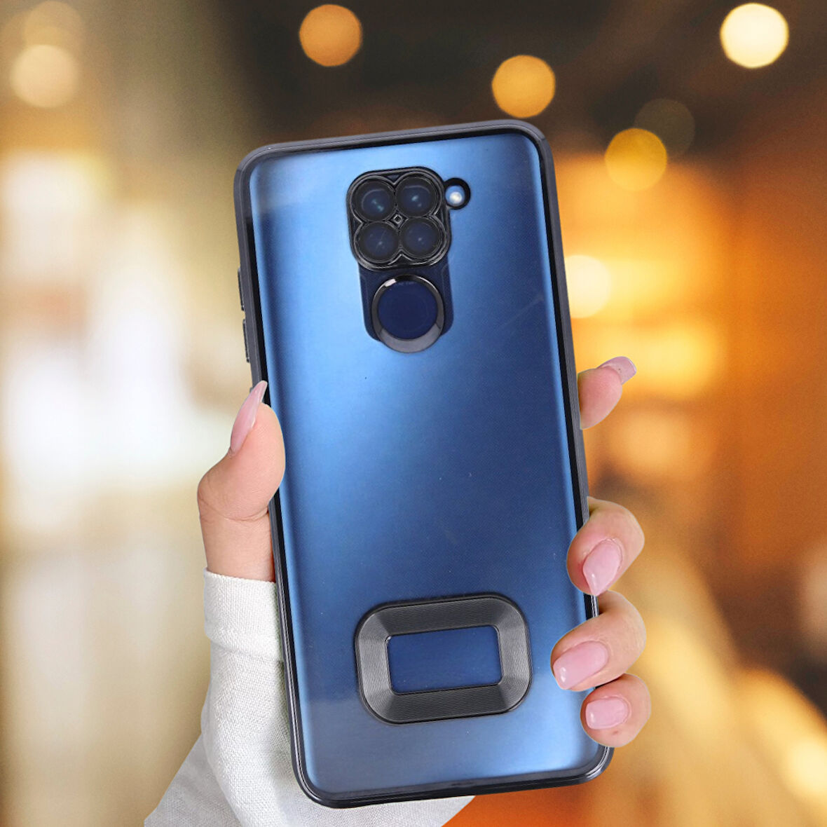 XİAOMİ REDMİ NOTE 9 YANLARI RENKLİ LENS KORUMALI LOGO GÖSTEREN  MEGA KILIF SİYAH