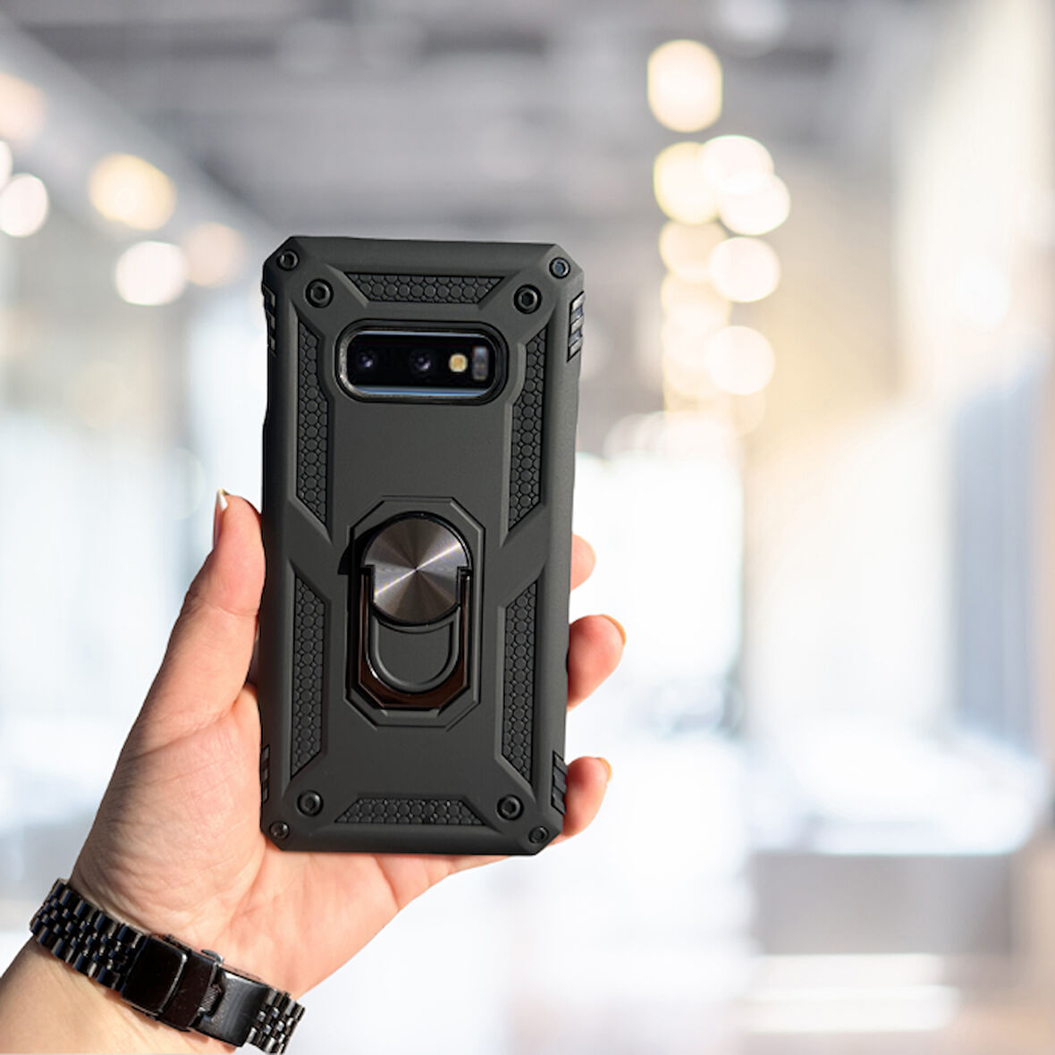 SAMSUNG S10 E YÜZÜKLÜ STANDLI  TANK KILIF  (ARMOR MILITARY CASE)  SİYAH