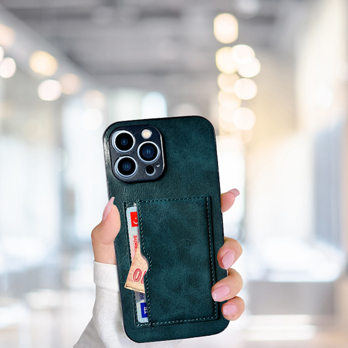 İPHONE 13 PRO MAX  KARTLIKLI STANDLI GLASE LÜX DERİ KILIF YEŞİL