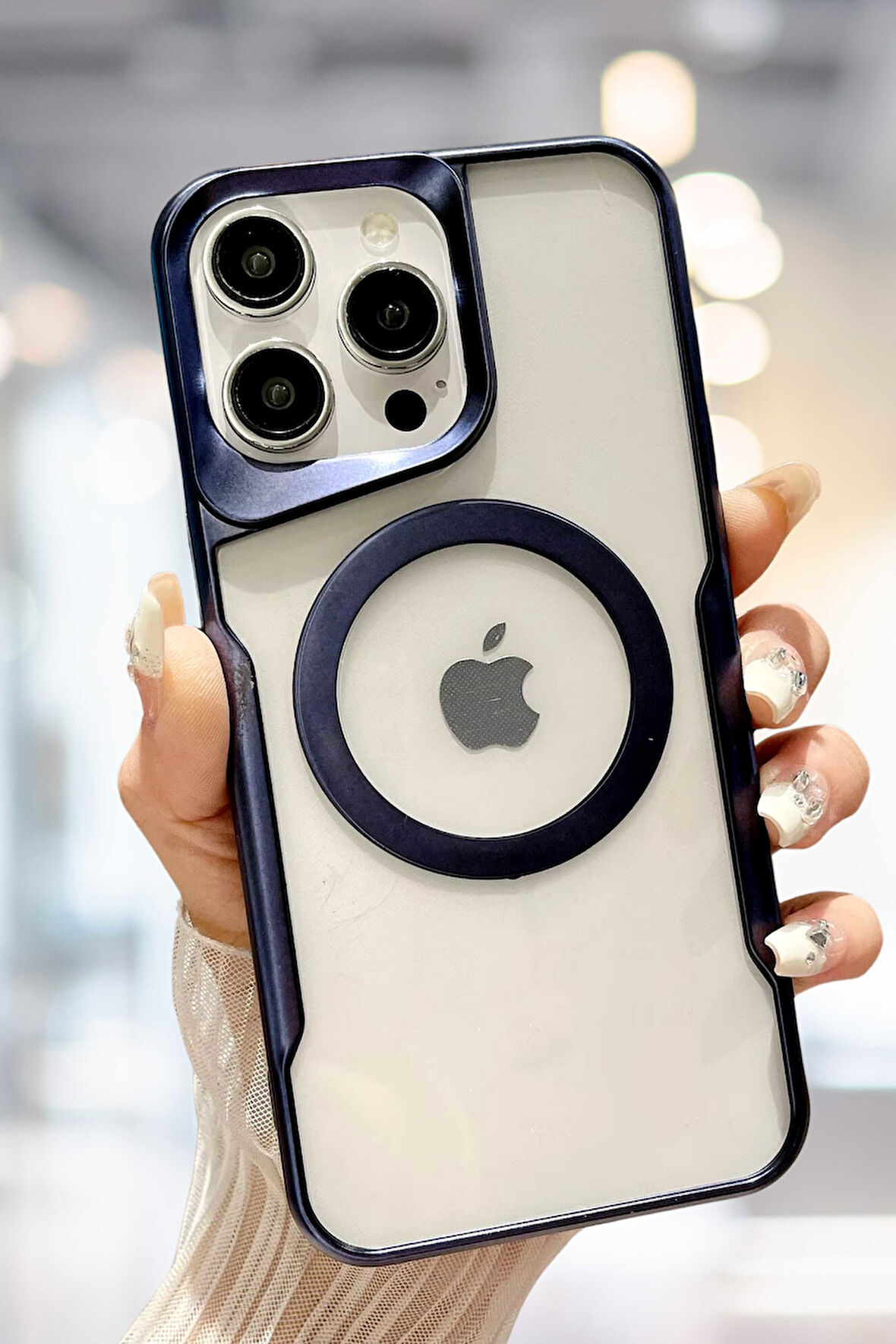 İphone 15 Pro Şeffaf arka yüzeyli Magsafe Uyumlu OVI Magsafe Kılıf LACİVERT