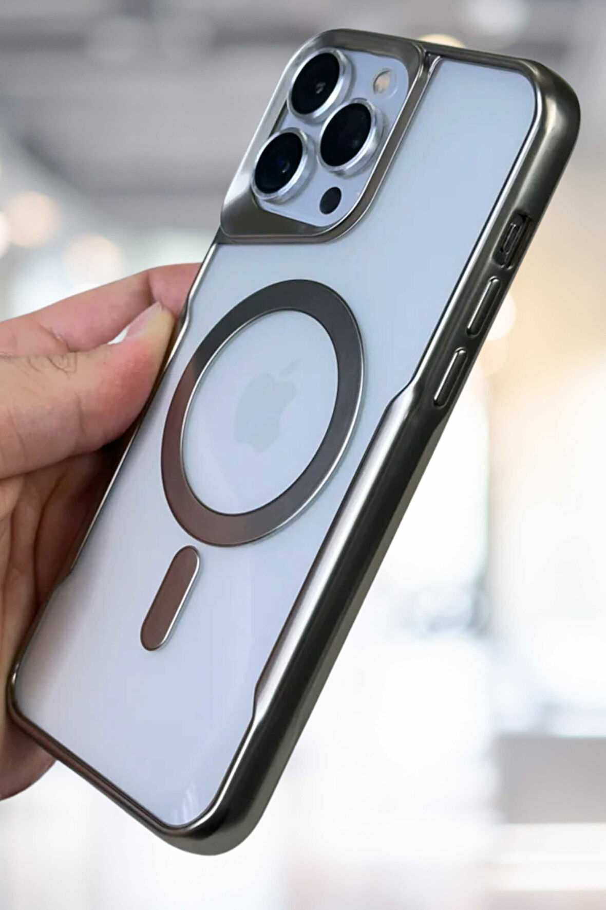 İphone 14 Pro Şeffaf arka yüzeyli Magsafe Uyumlu OVI Magsafe Kılıf GÜMÜŞ