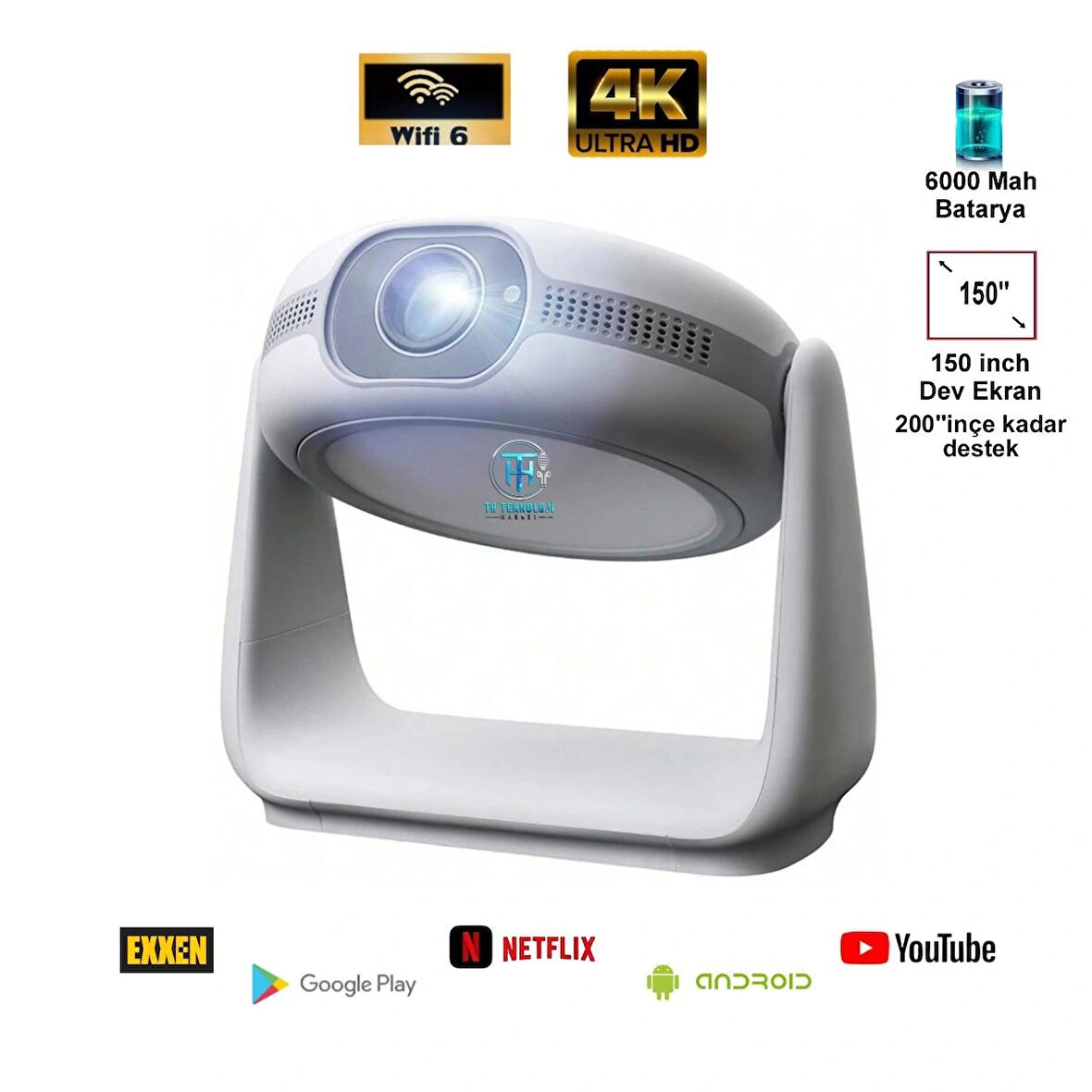 HRVX Apollon PRO 4K HD Taşınabilir Powerbanklı Android Akıllı Projeksiyon Cihazı