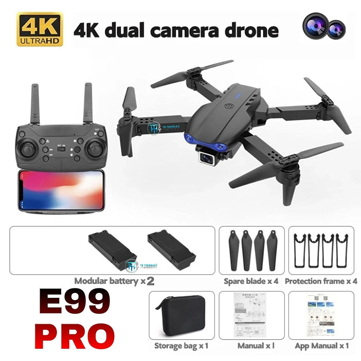 E99 PRO Drone Kameralı Çift Bataryalı