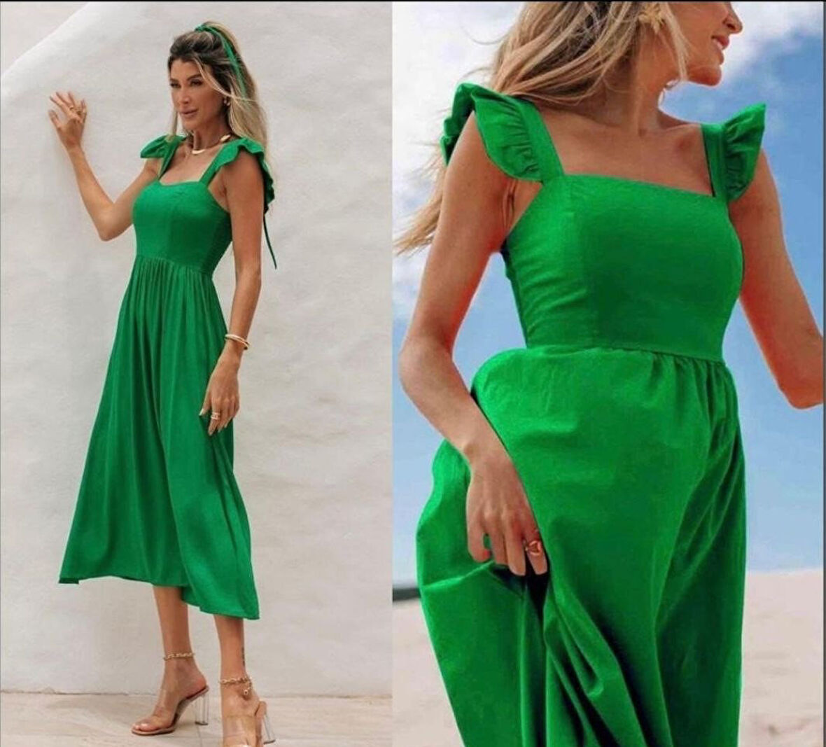 leyla sanat sanata yeni bir bakış açısı Kadın Poplin Kumaş Kare Yaka Fırfır Askılı Midi Boy Elbise