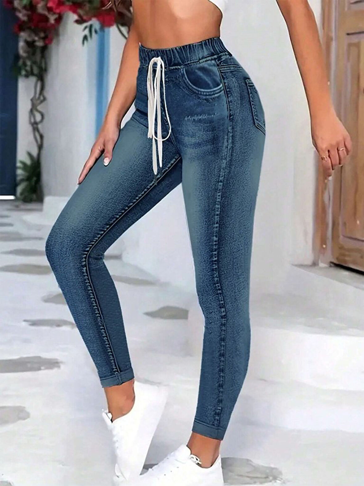 leyla sanat sanata yeni bir bakış açısı Kadın Belden Bağlamalı Cepli Yüksek Bel Kot Pantolon