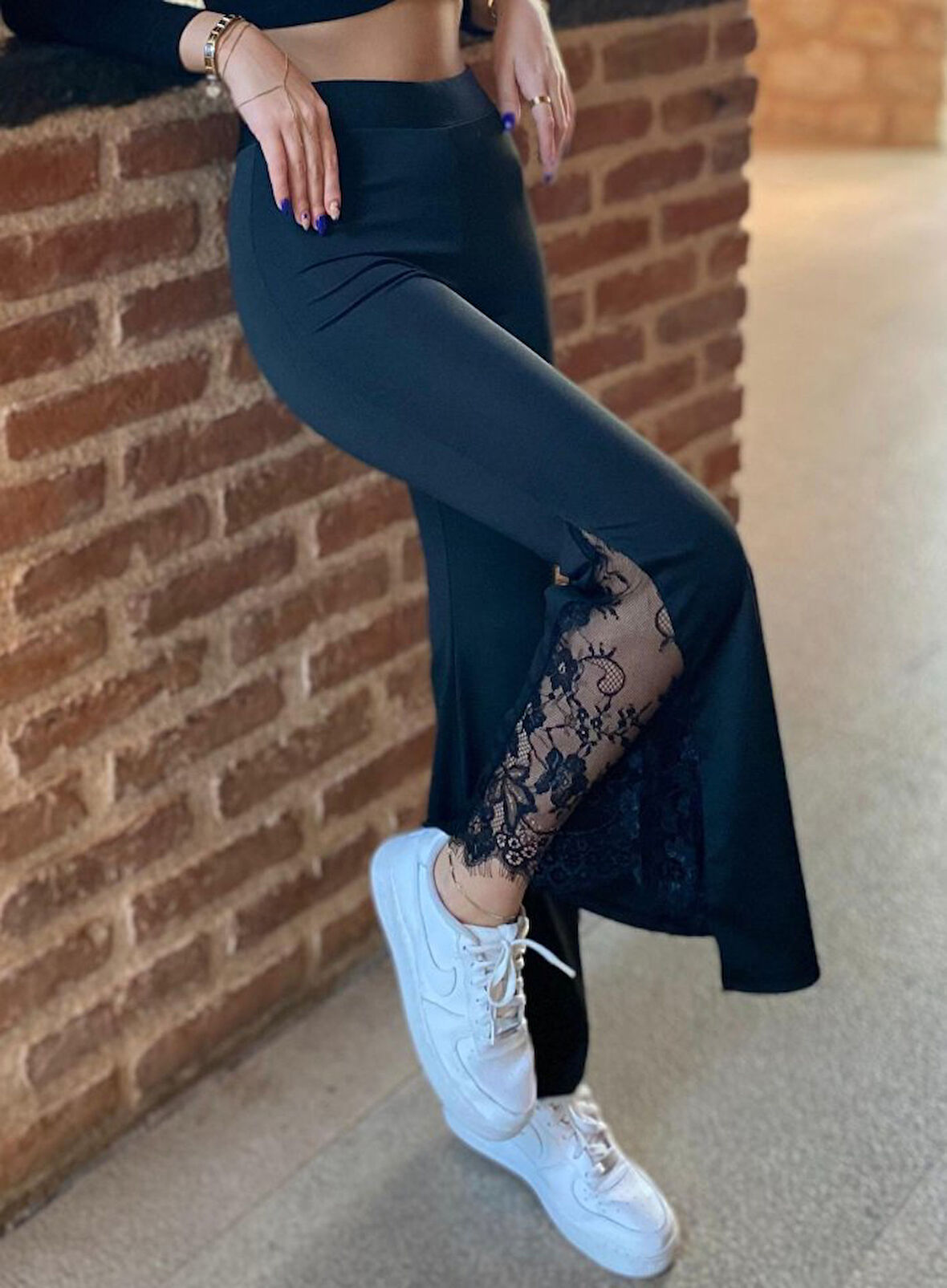 leyla sanat sanata yeni bir bakış açısı Kadın Dantel Eklemeli Ispanyol Paça Scuba Tayt Pantalon